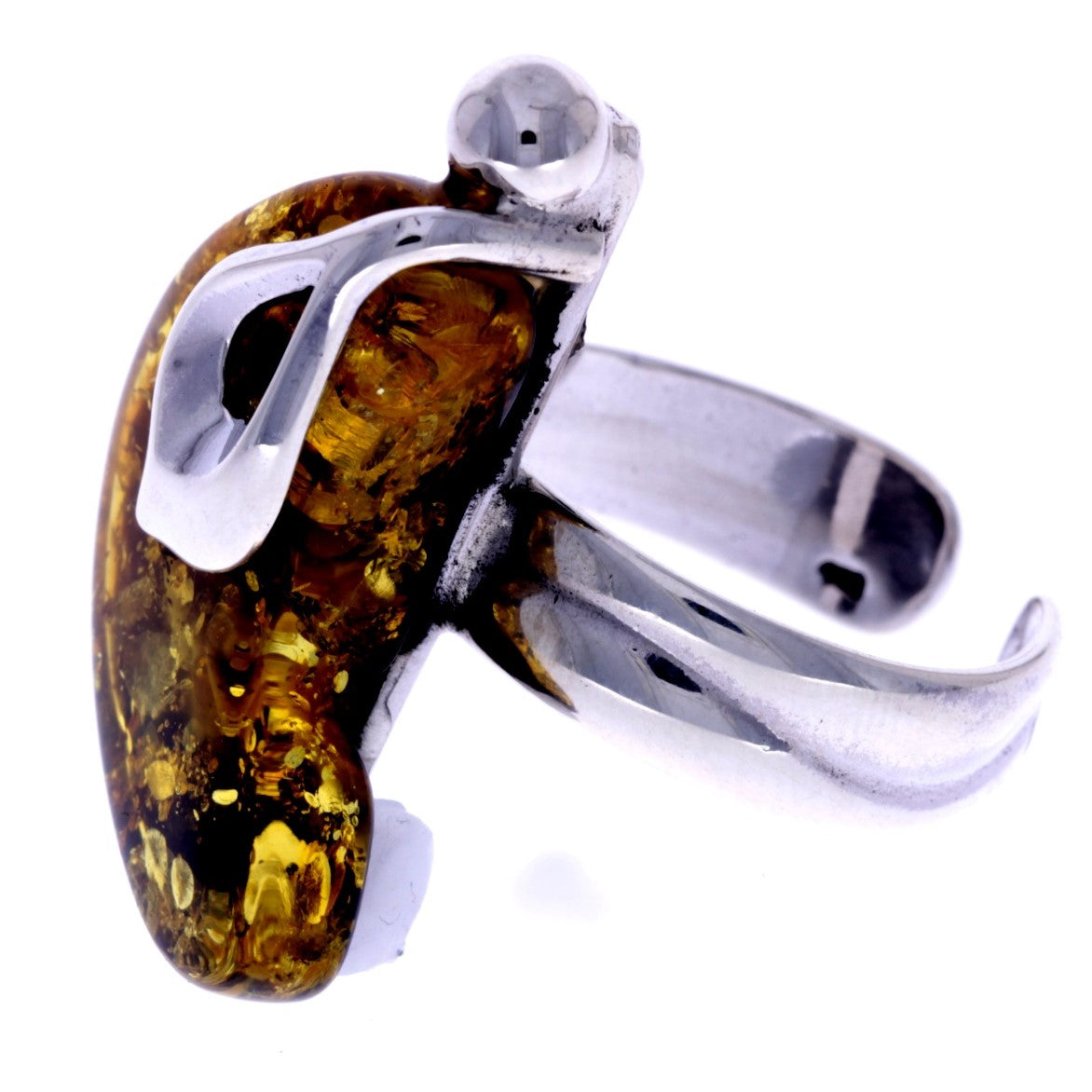 925 Sterling Silver & Genuine Green Baltic Amber Unique Ring - RG0602