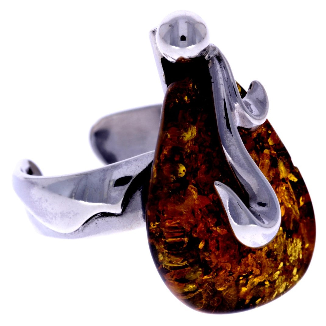 925 Sterling Silver & Genuine Green Baltic Amber Unique Ring - RG0605