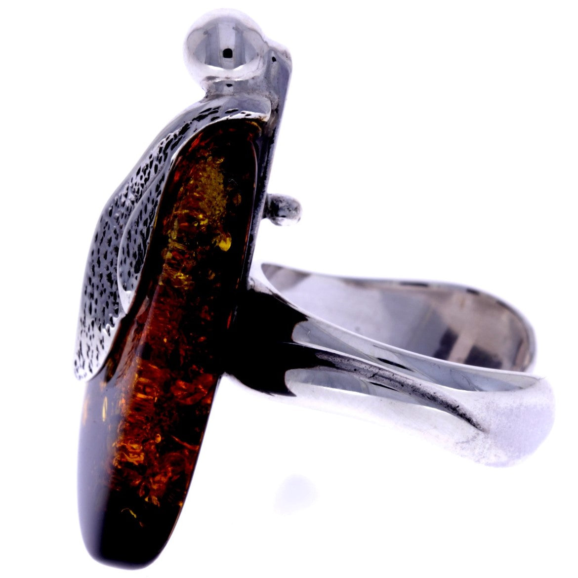 925 Sterling Silver & Genuine Green Baltic Amber Unique Ring - RG0607