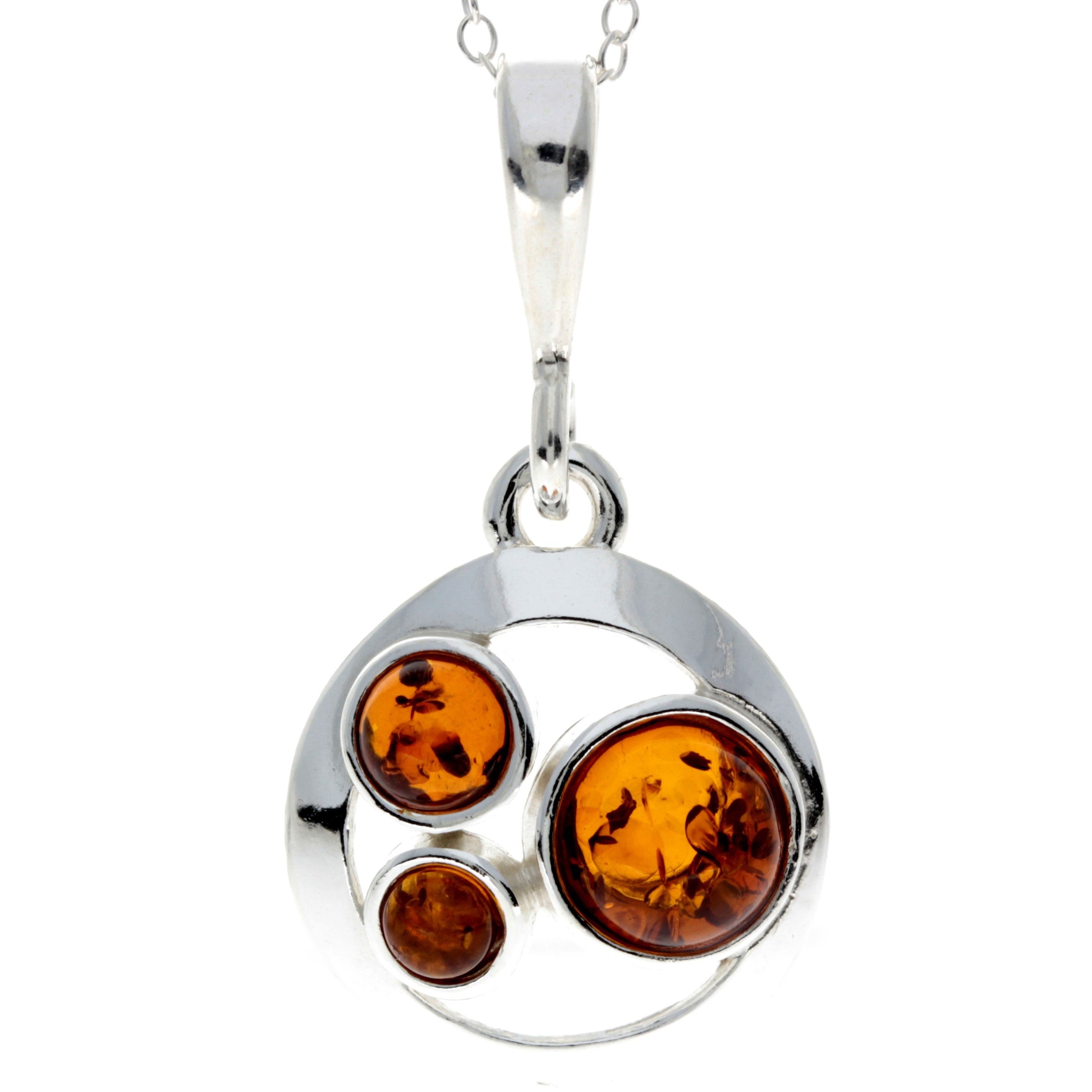 925 Sterling Silver & Baltic Amber 3 Stone Classic Pendant - M396