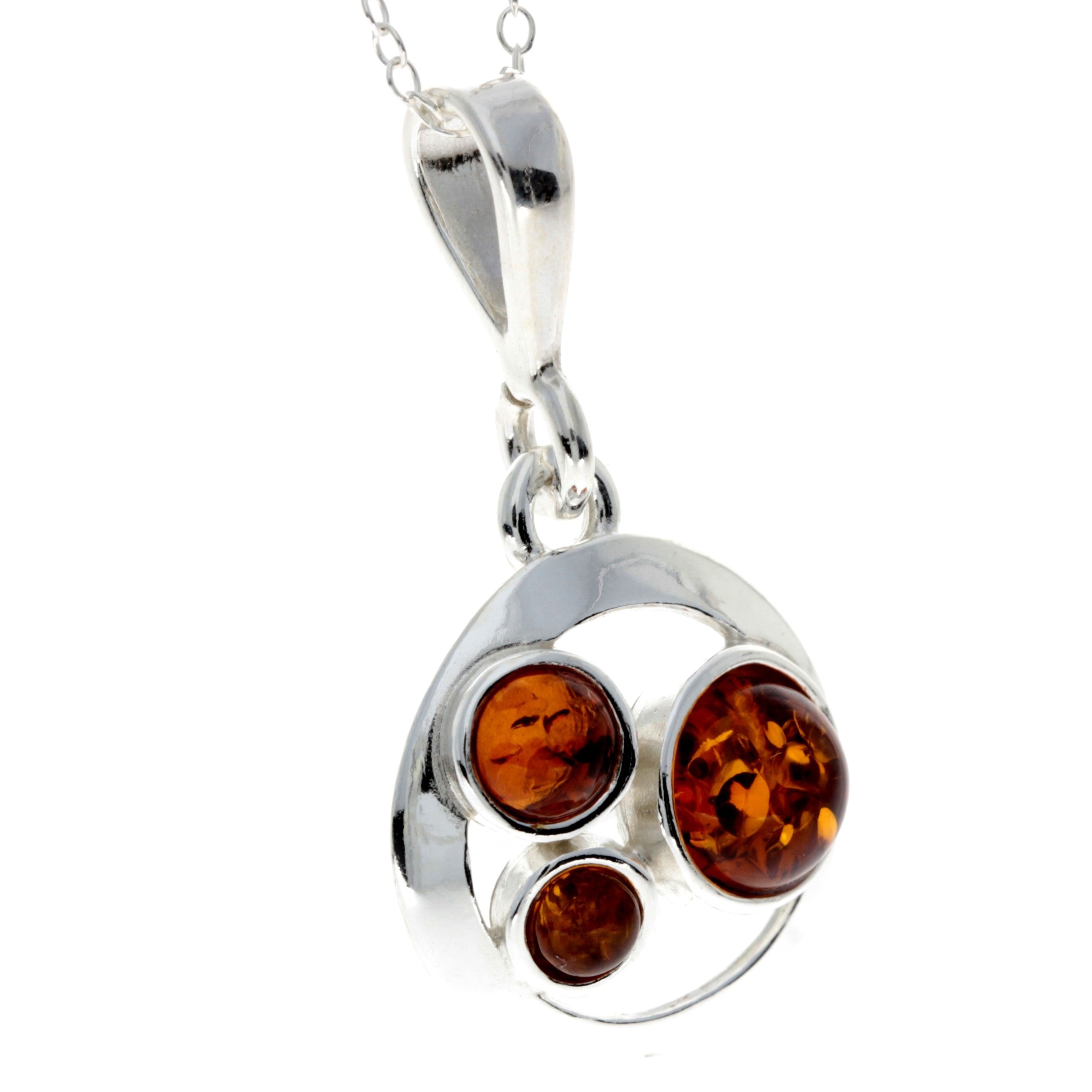 925 Sterling Silver & Baltic Amber 3 Stone Classic Pendant - M396