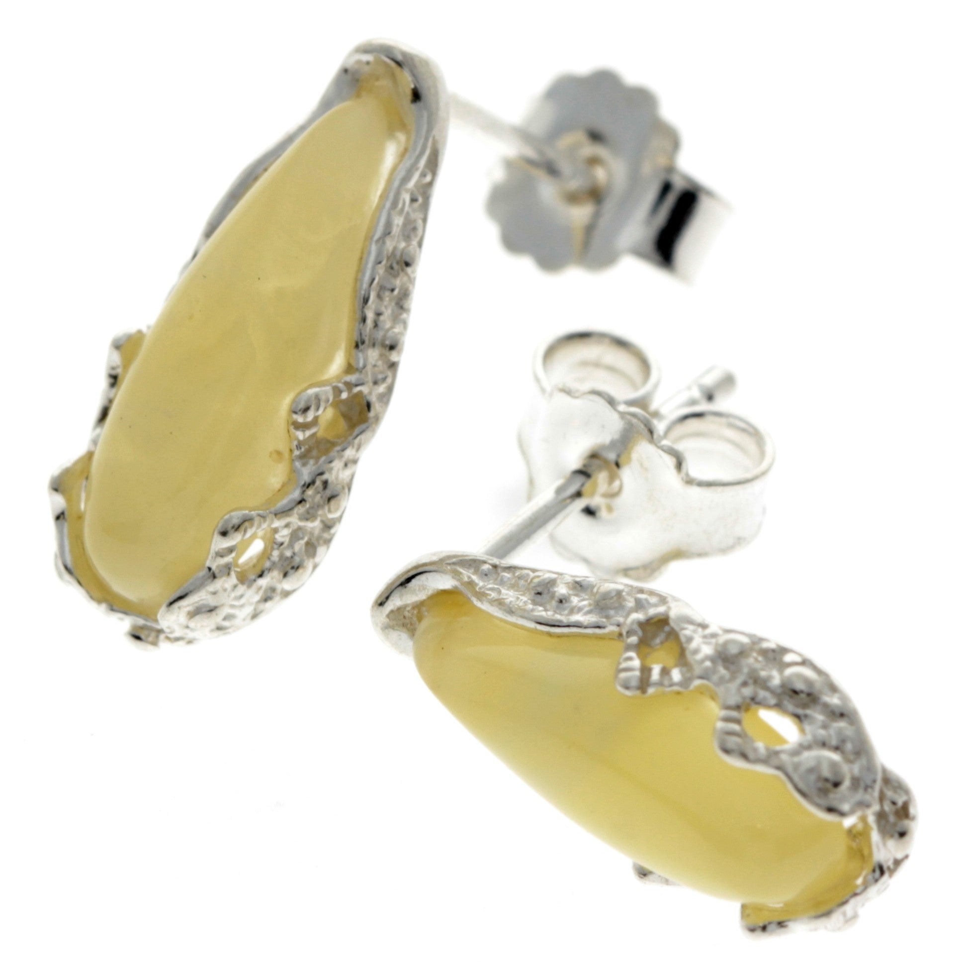 925 Sterling Silver & Baltic Amber Modern Teardrop Studs Earrings - G027