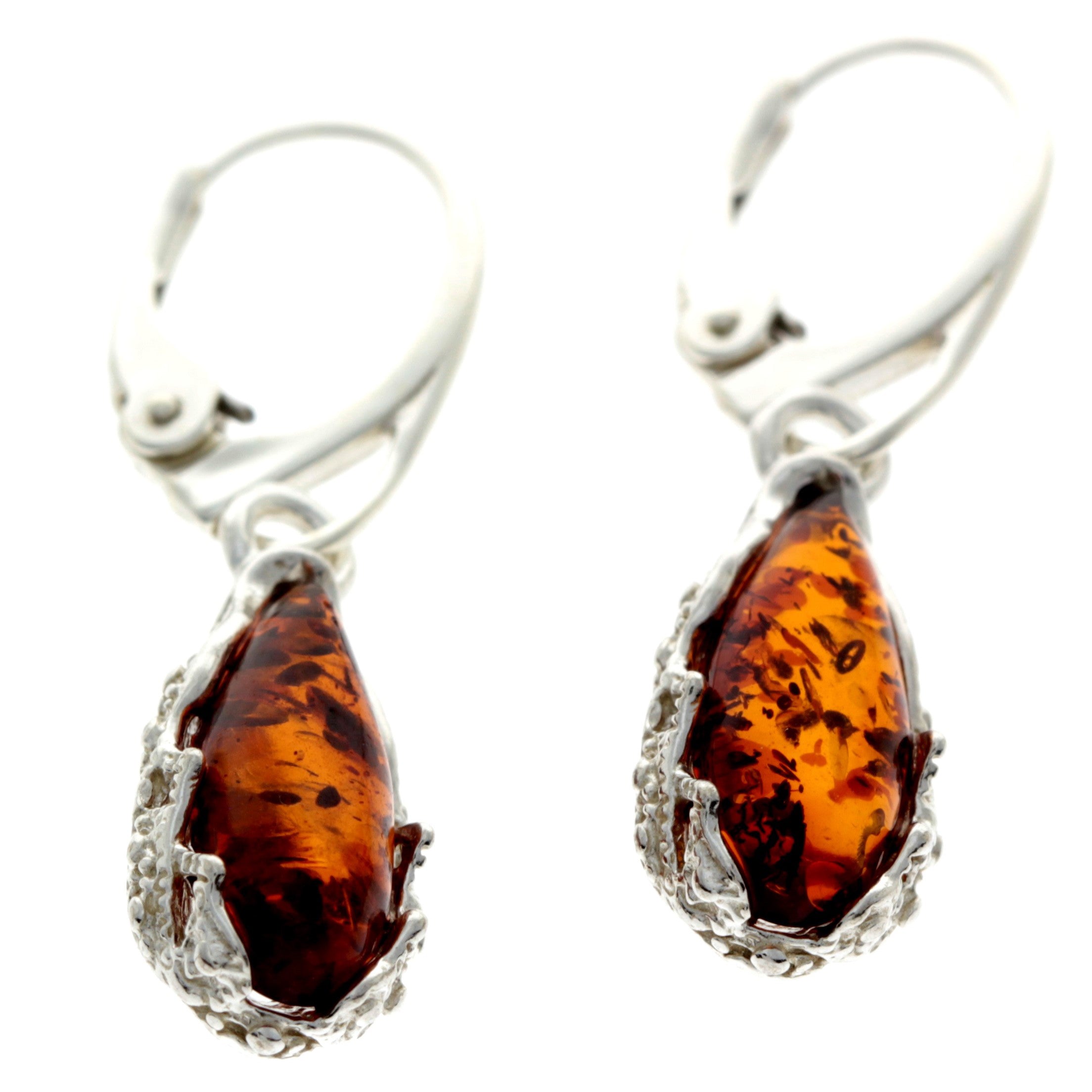 925 Sterling Silver & Baltic Amber Modern Teardrop Drop / Dangle Earrings - G028