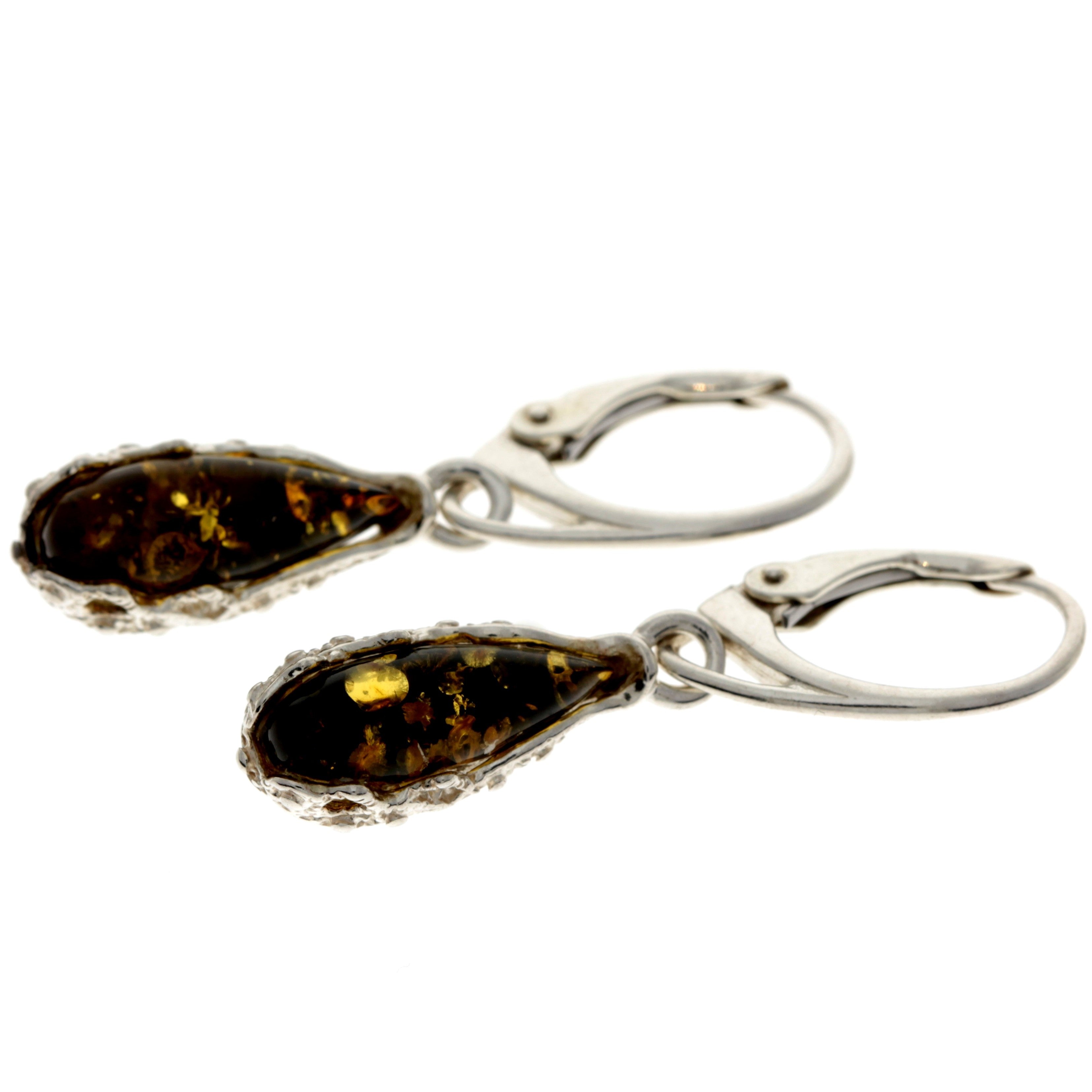 925 Sterling Silver & Baltic Amber Modern Teardrop Drop / Dangle Earrings - G028