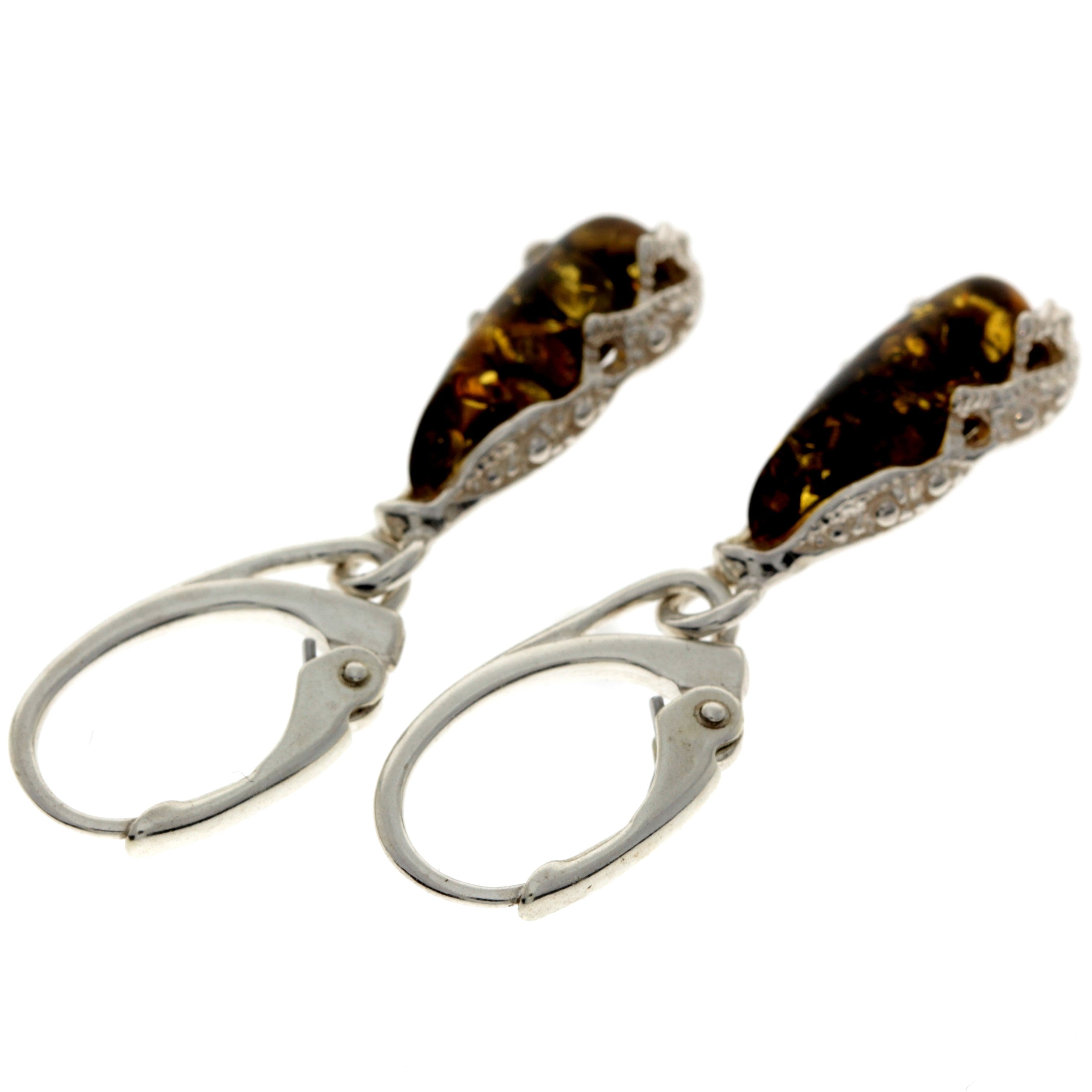 925 Sterling Silver & Baltic Amber Modern Teardrop Drop / Dangle Earrings - G028