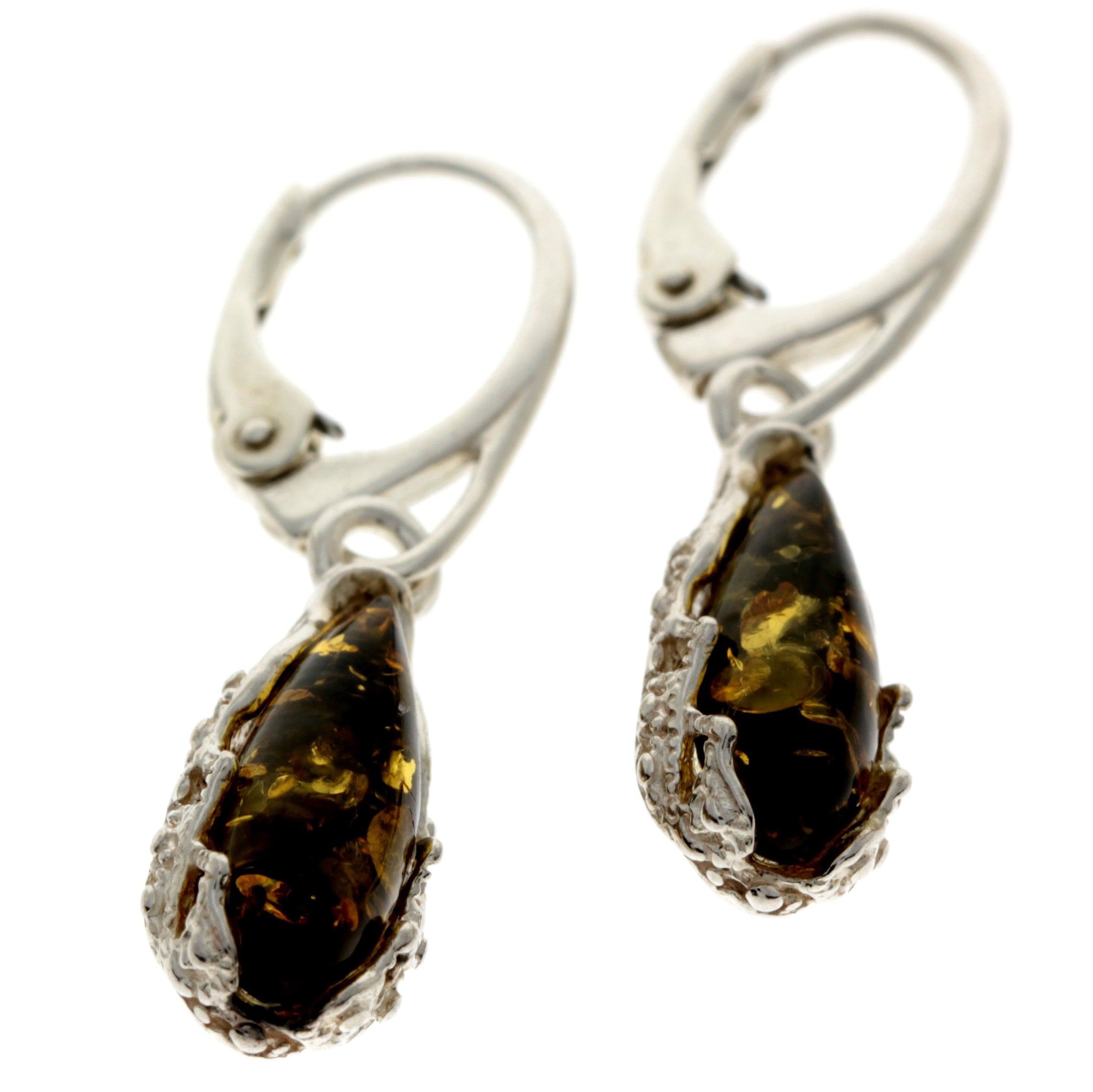 925 Sterling Silver & Baltic Amber Modern Teardrop Drop / Dangle Earrings - G028