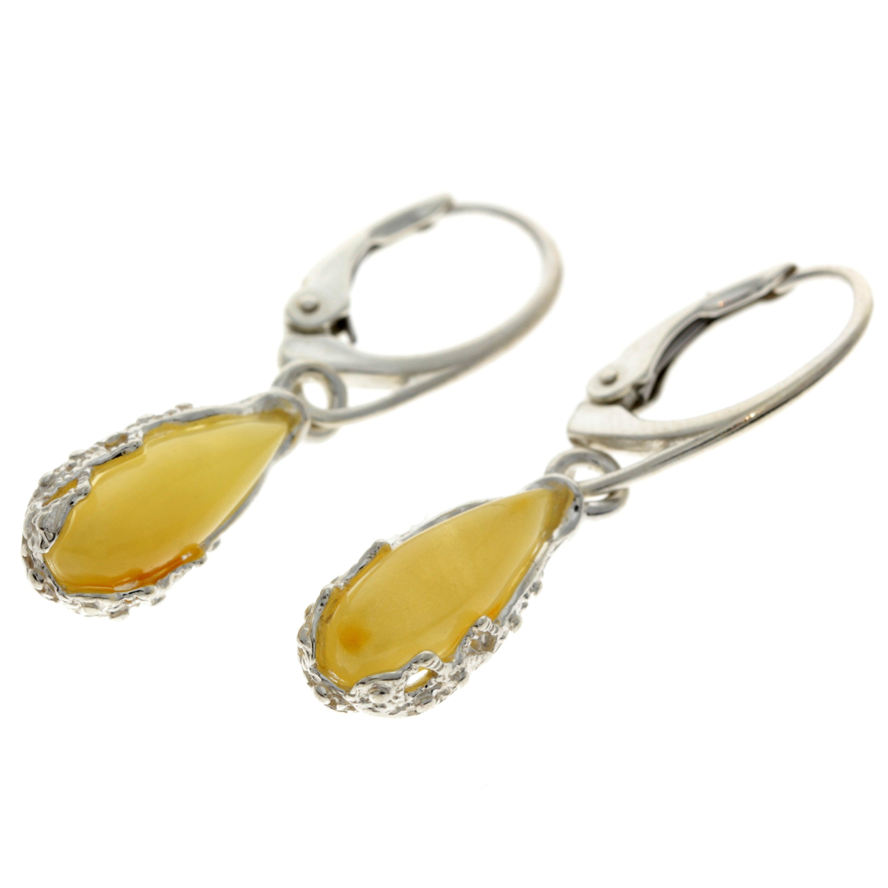 925 Sterling Silver & Baltic Amber Modern Teardrop Drop / Dangle Earrings - G028