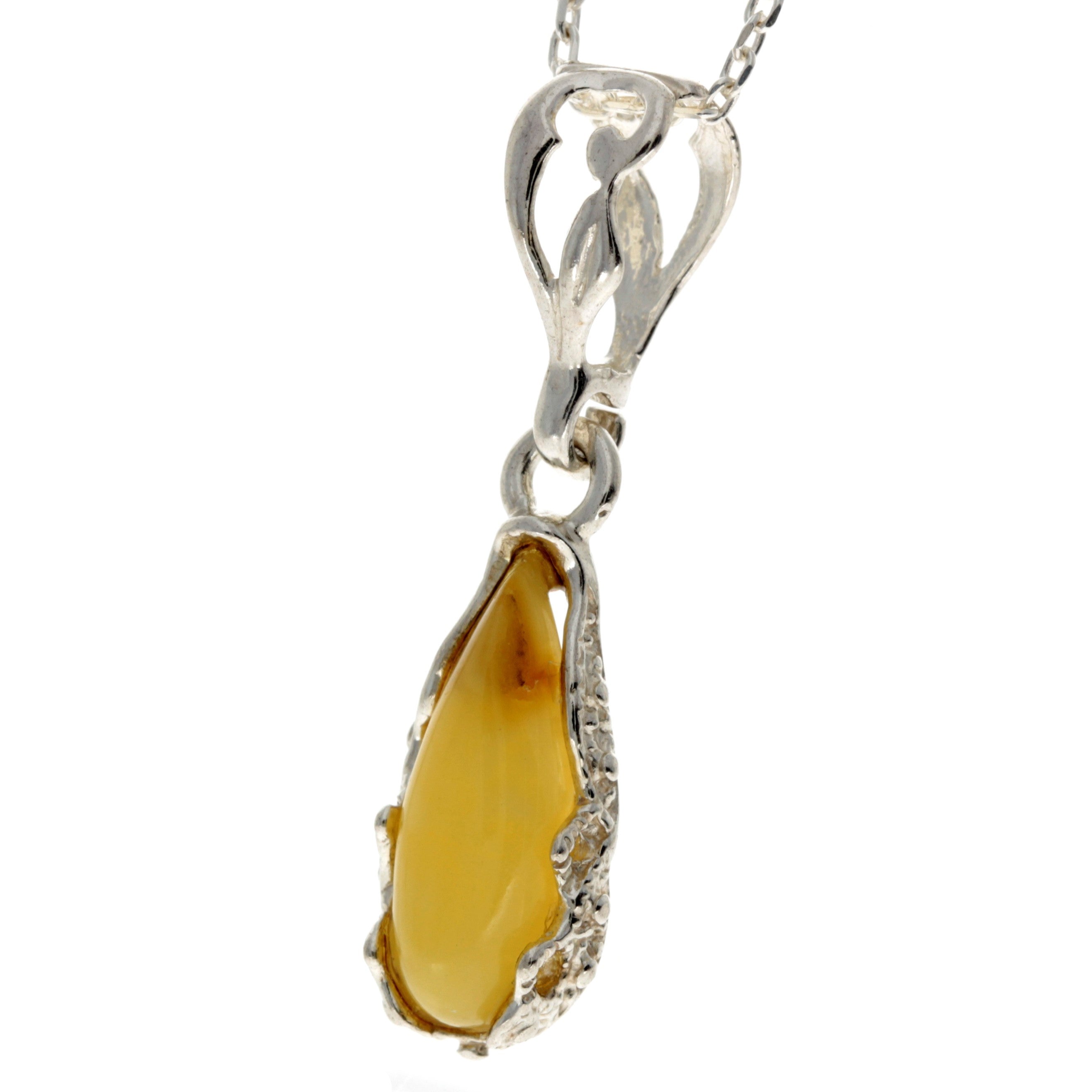 925 Sterling Silver & Baltic Amber Modern Teardrop Pendant - G233