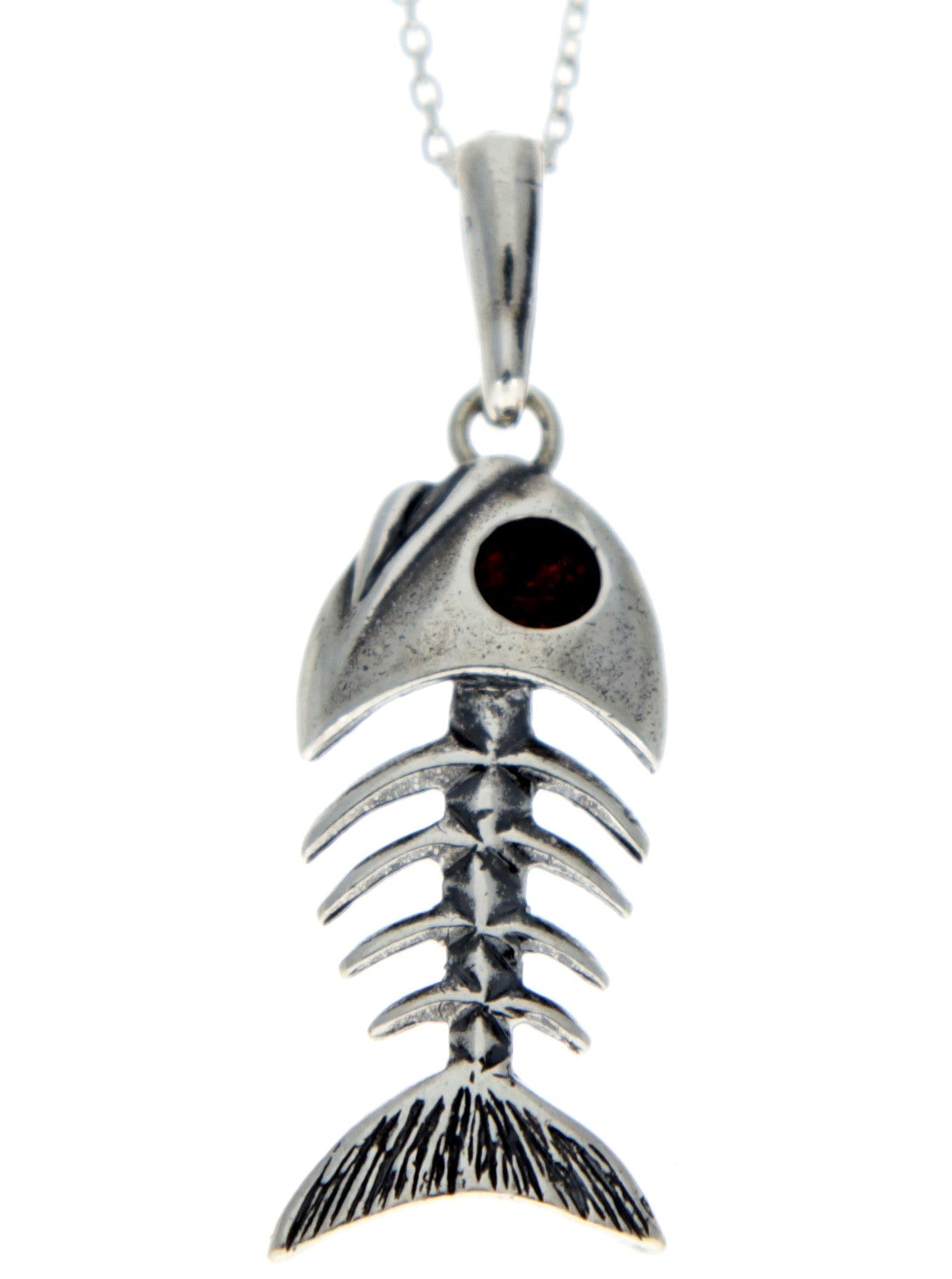 925 Sterling Silver & Baltic Amber Skeleton Fish Bones Pendant - 1983