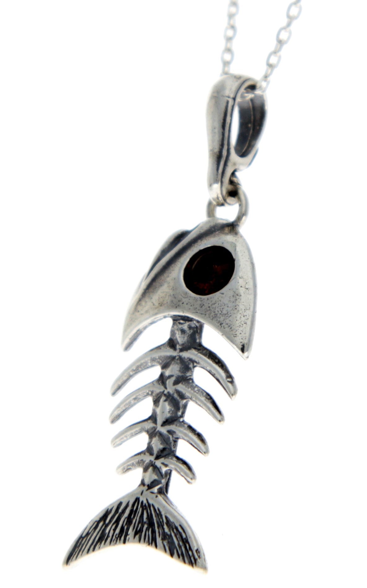 925 Sterling Silver & Baltic Amber Skeleton Fish Bones Pendant - 1983