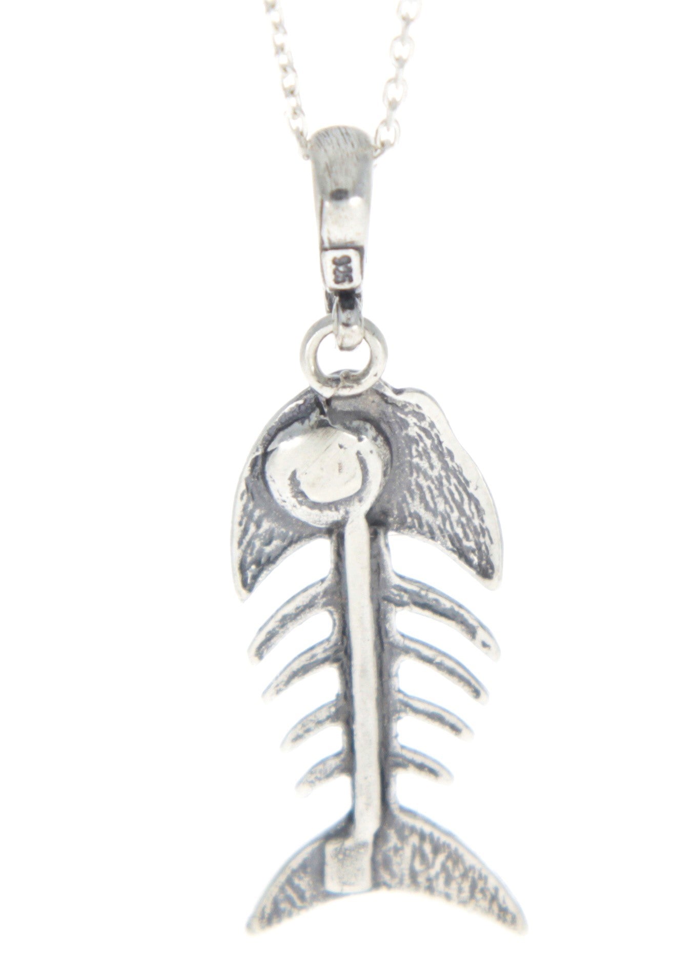 925 Sterling Silver & Baltic Amber Skeleton Fish Bones Pendant - 1983