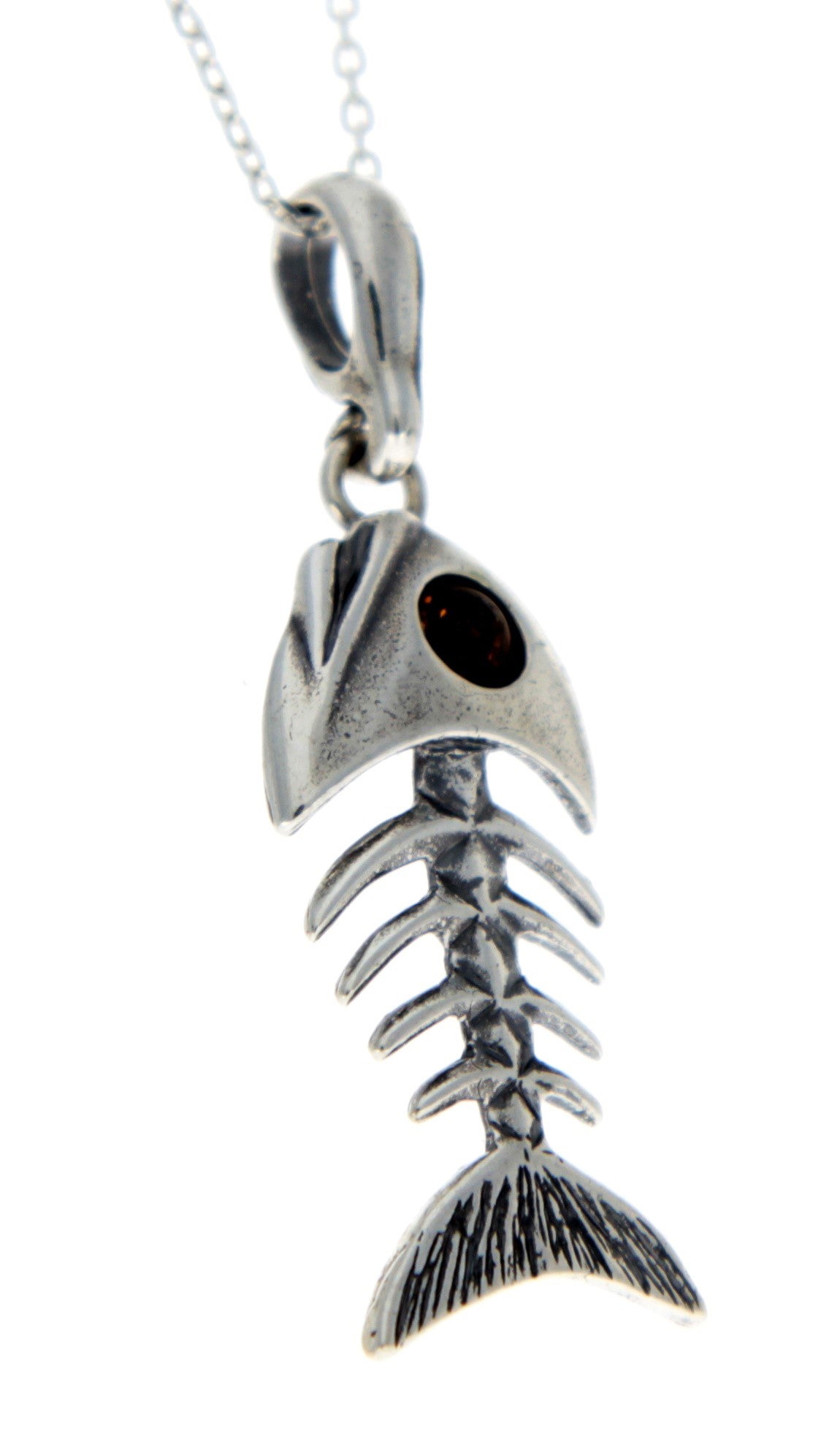 925 Sterling Silver & Baltic Amber Skeleton Fish Bones Pendant - 1983