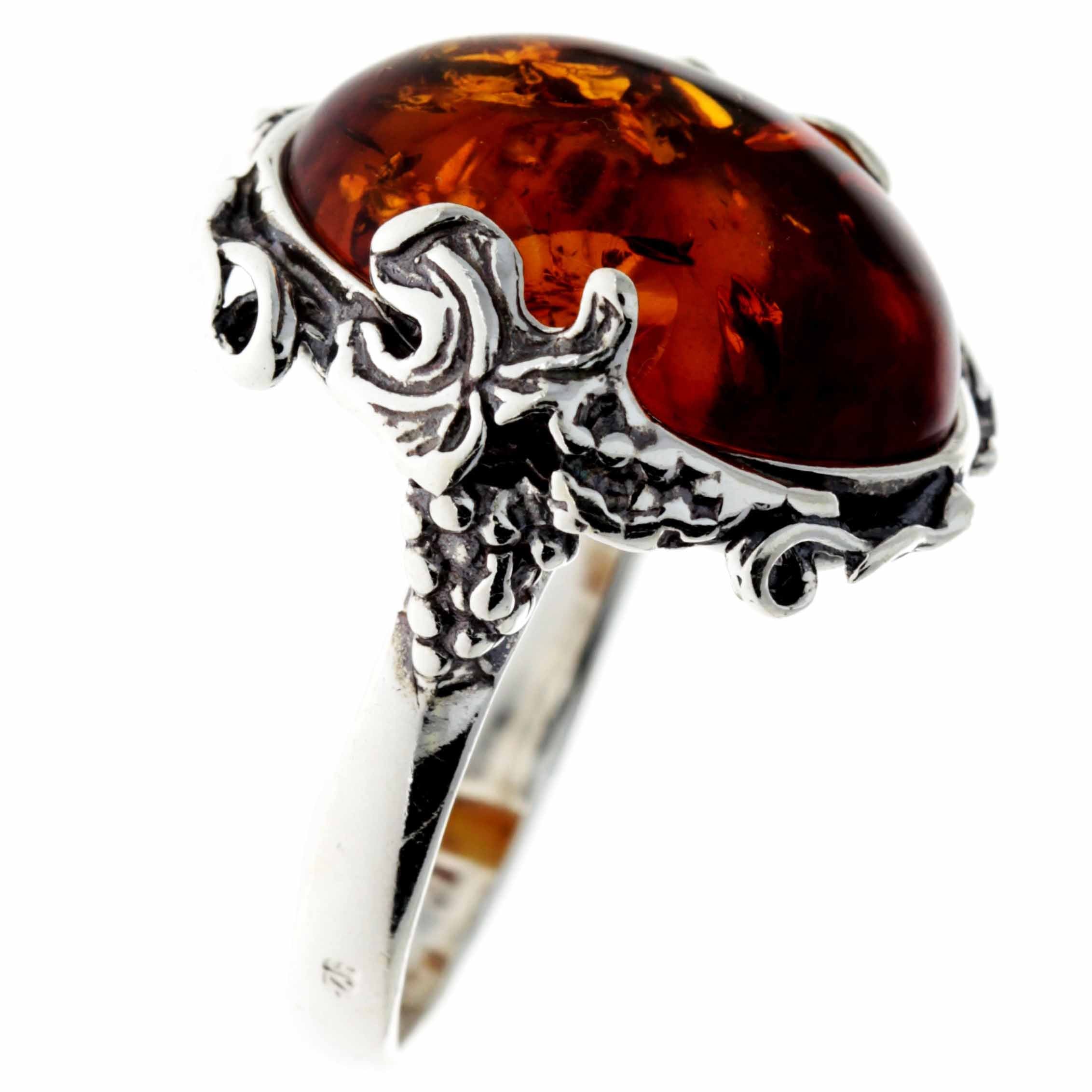 925 Sterling Silver & Baltic Amber Large Art Deco Oval Ring - 7006