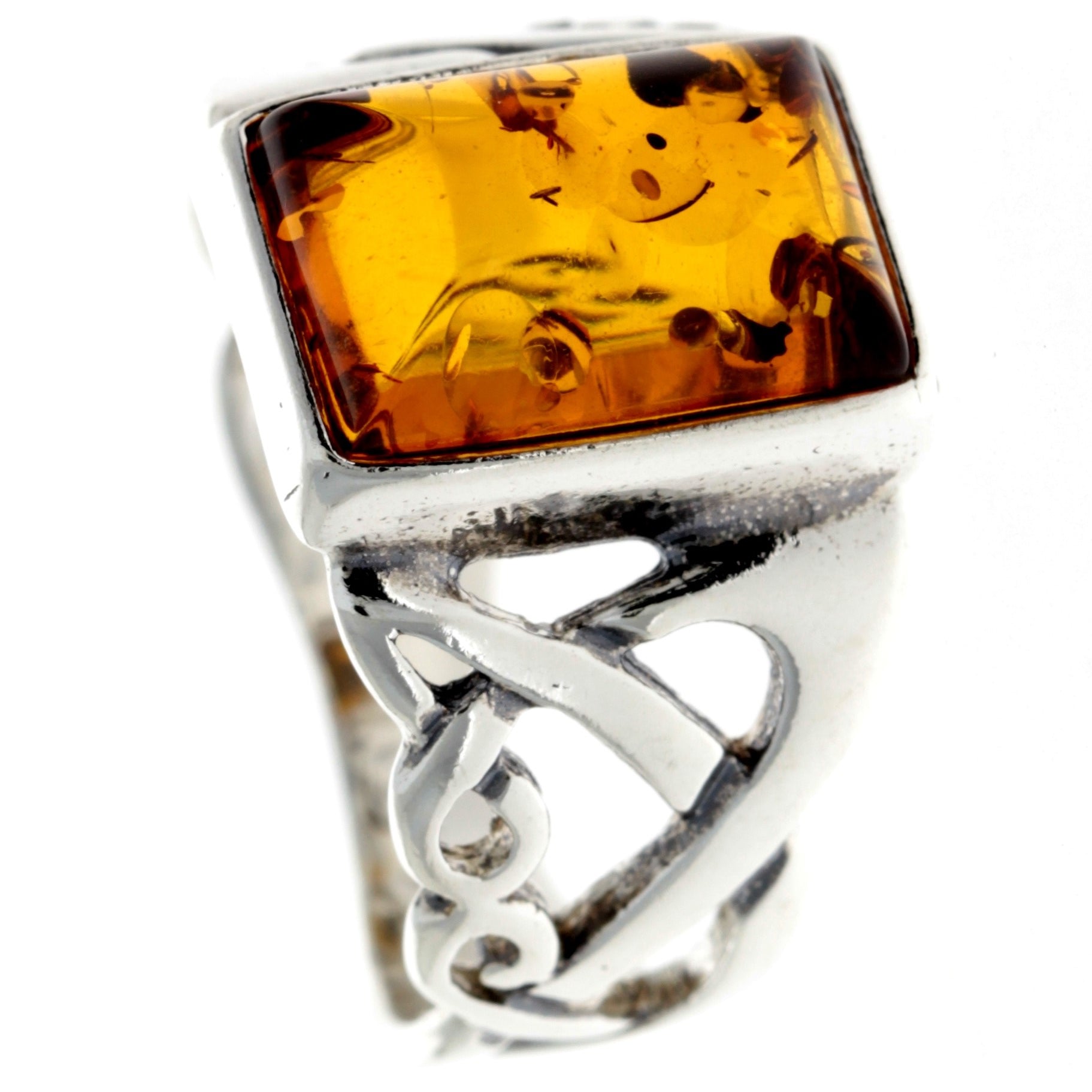 925 Sterling Silver & Rectangular Baltic Amber Celtic Large Ring - 7005