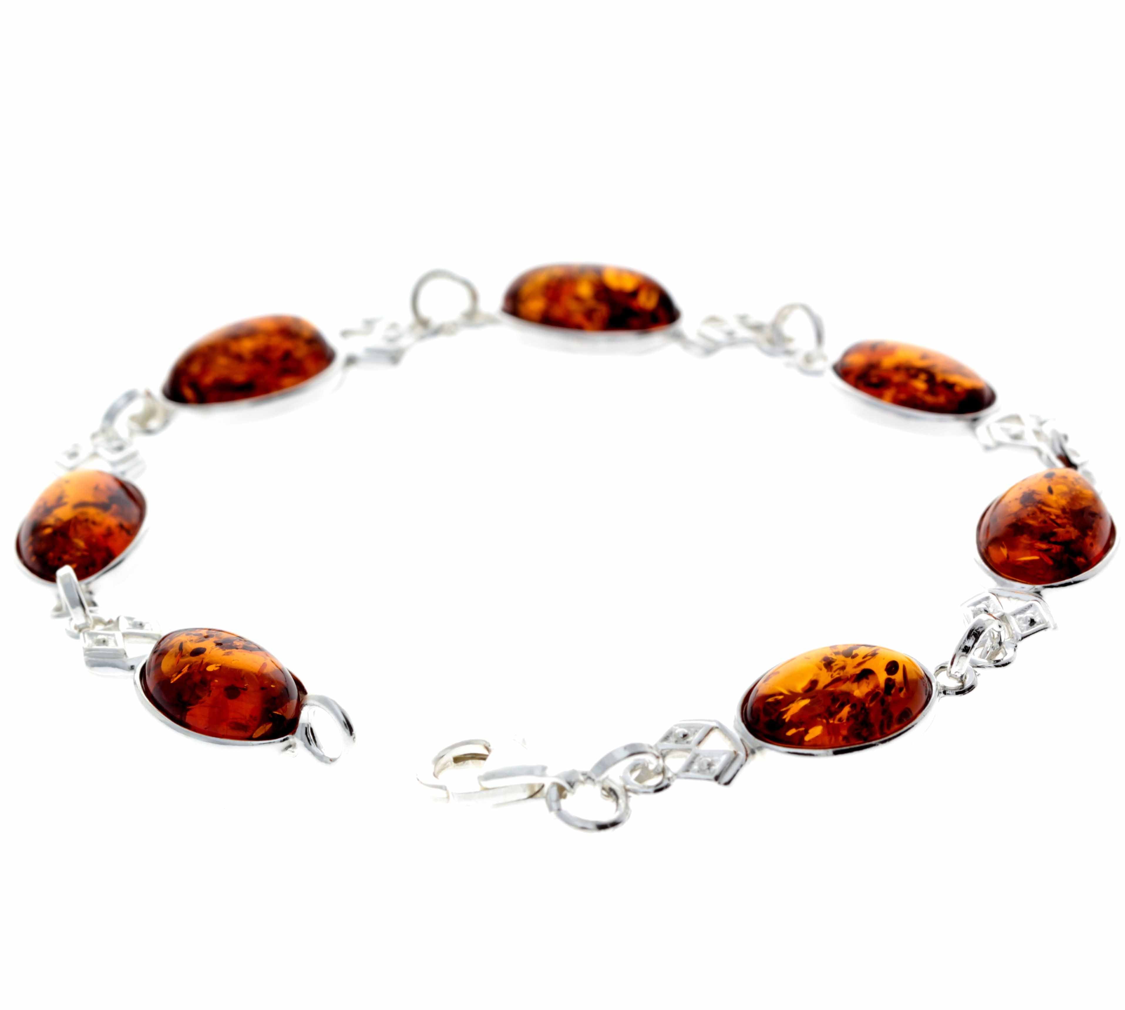 925 Sterling Silver & Genuine Baltic Amber Link Bracelet - 3233