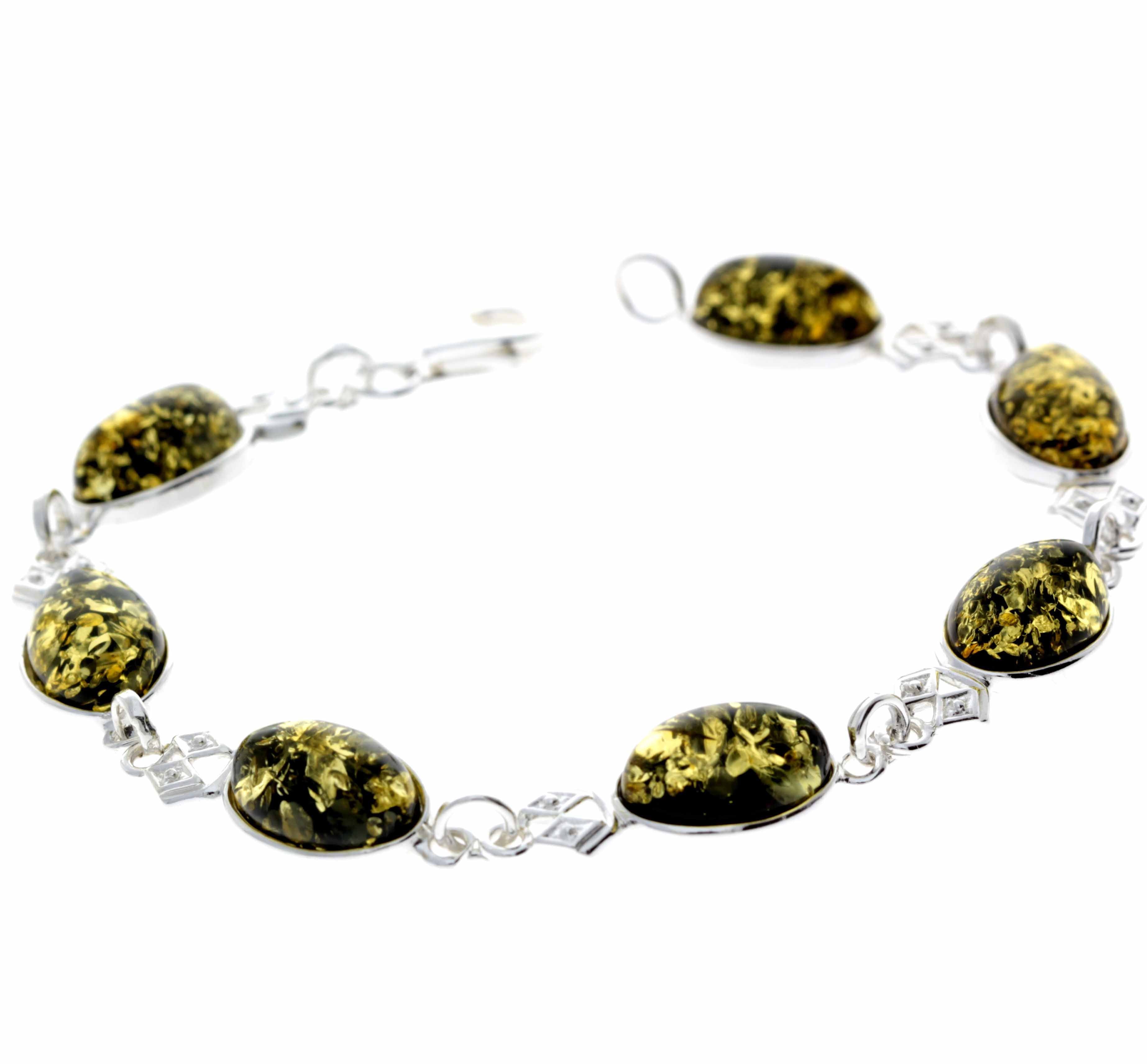 925 Sterling Silver & Genuine Baltic Amber Link Bracelet - 3233