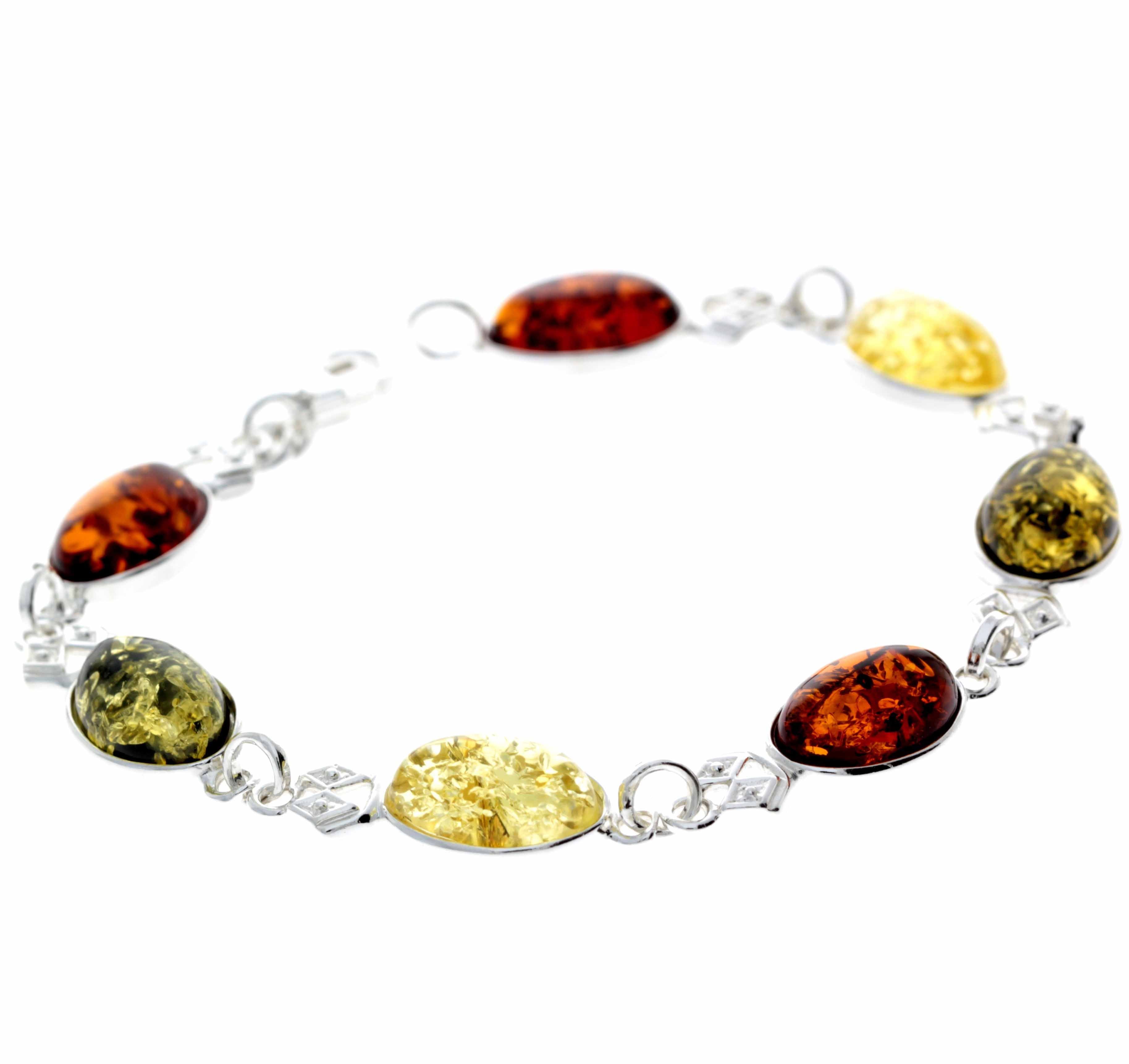 925 Sterling Silver & Genuine Baltic Amber Link Bracelet - 3233