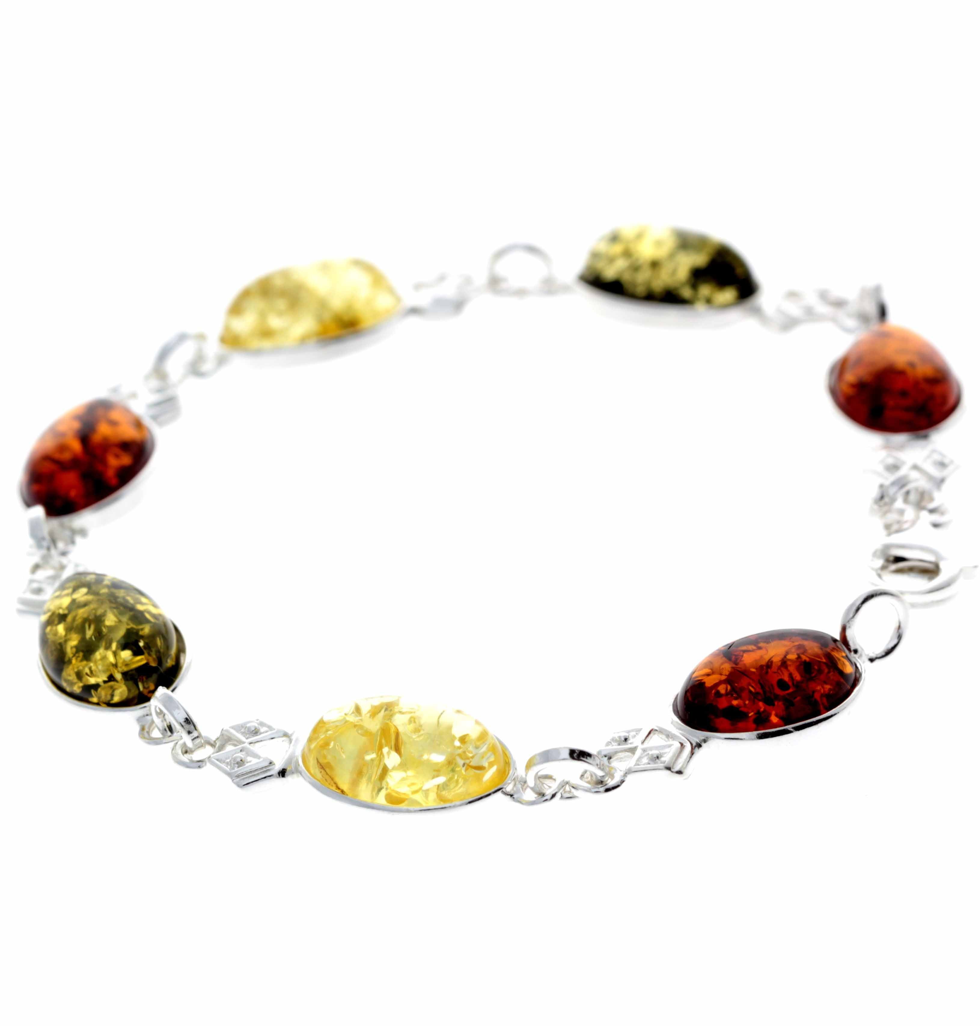 925 Sterling Silver & Genuine Baltic Amber Link Bracelet - 3233