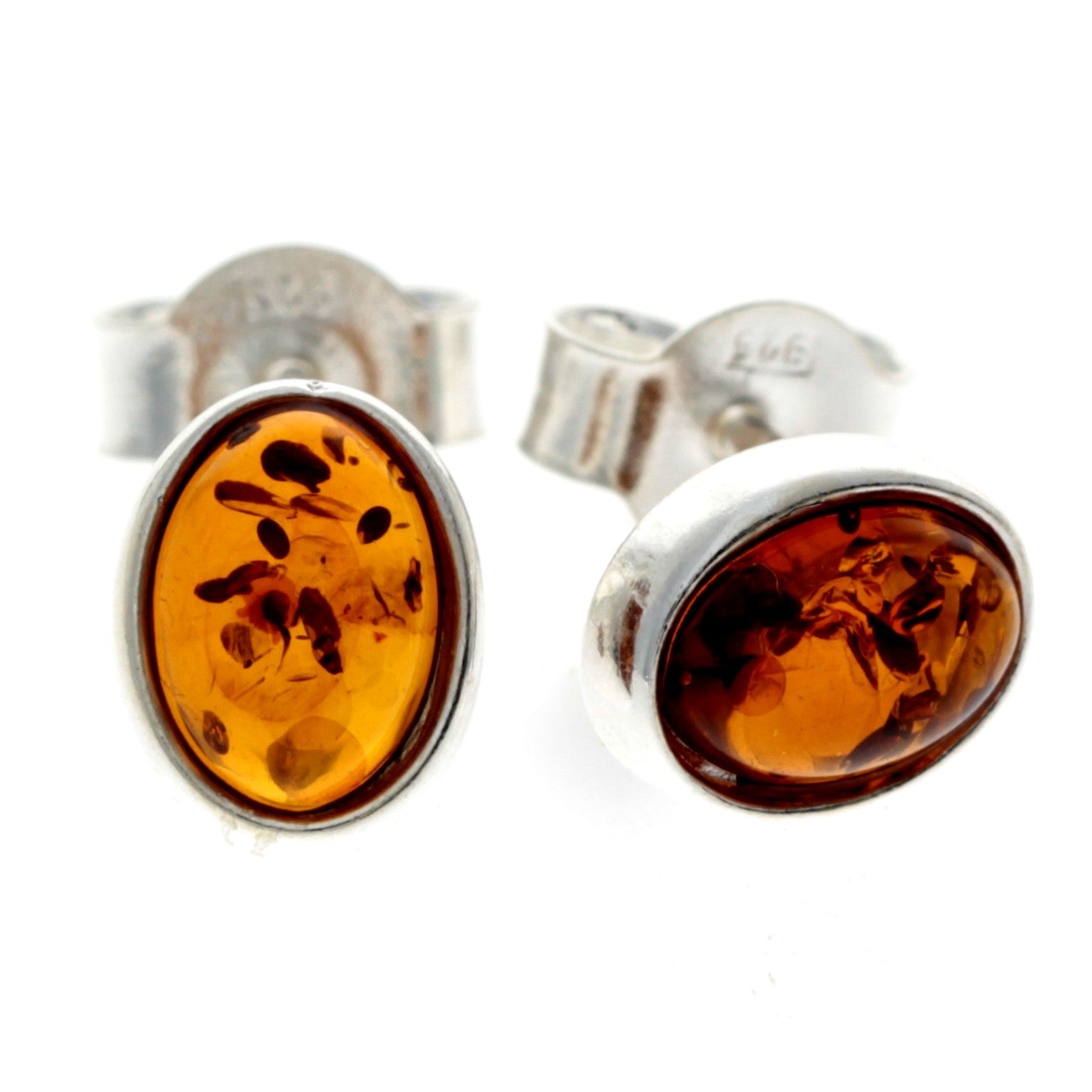 925 Sterling Silver & Baltic Amber Simple Oval Studs Earrings - 8238