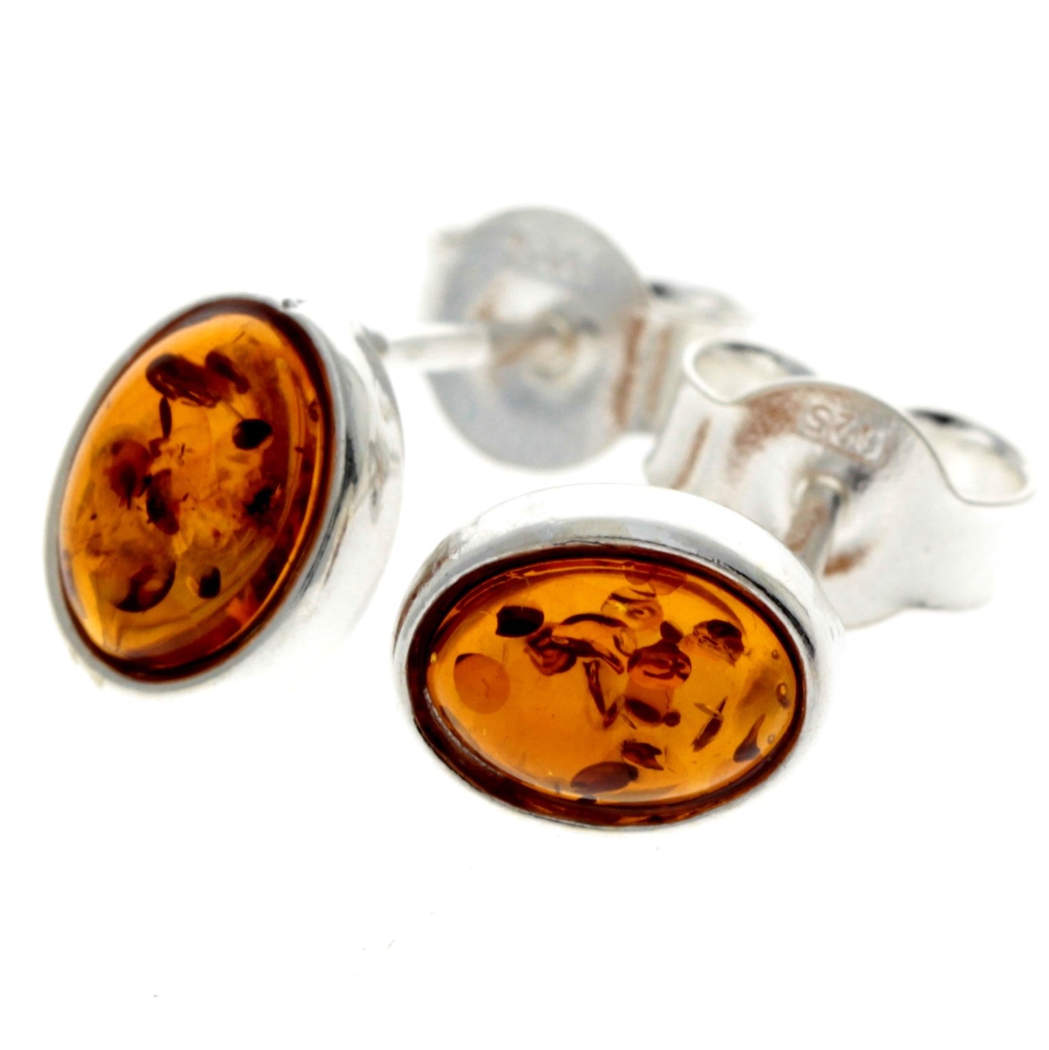 925 Sterling Silver & Baltic Amber Simple Oval Studs Earrings - 8238