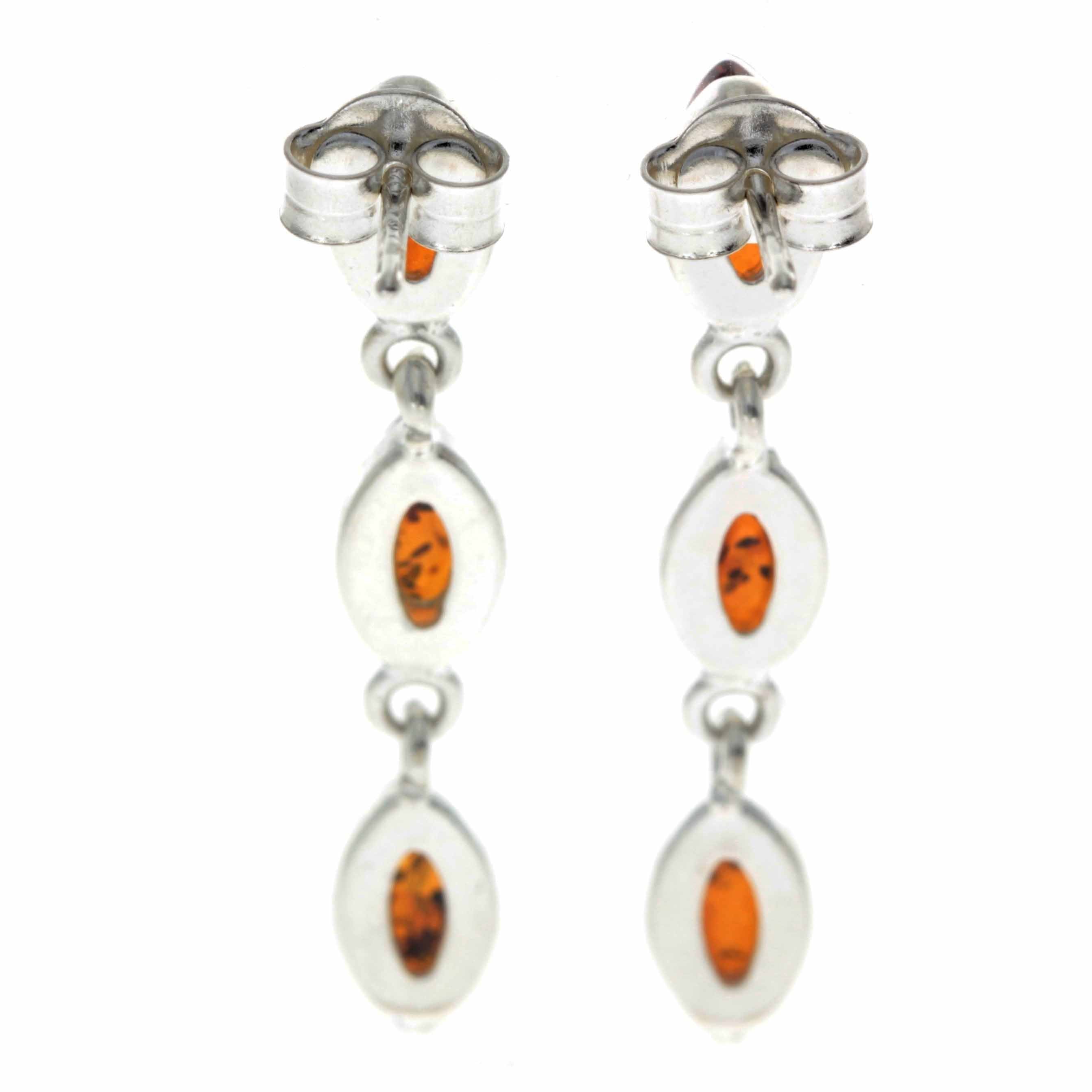 925 Sterling Silver & Baltic Amber 3 Stone Drop Earrings - 8162