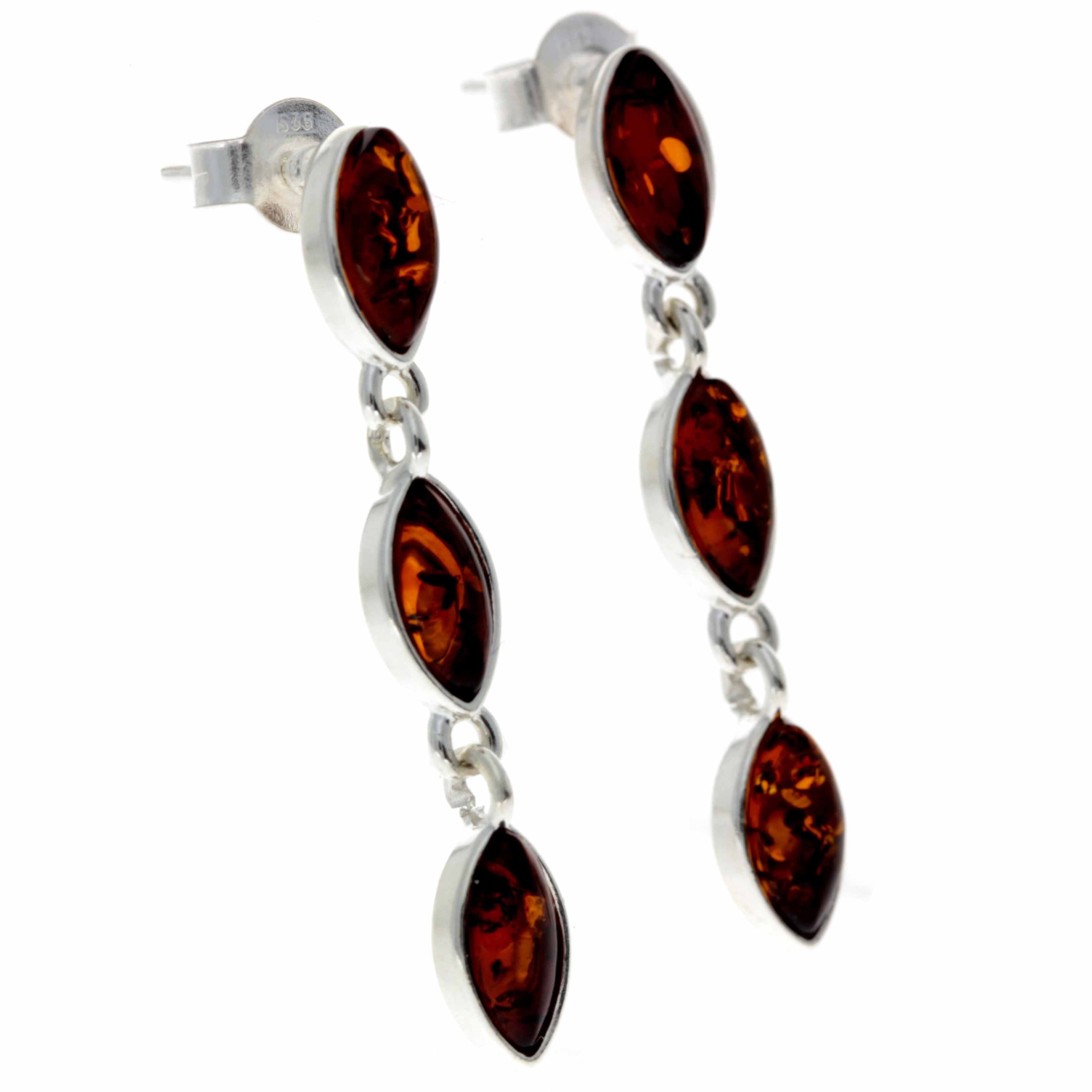 925 Sterling Silver & Baltic Amber 3 Stone Drop Earrings - 8162