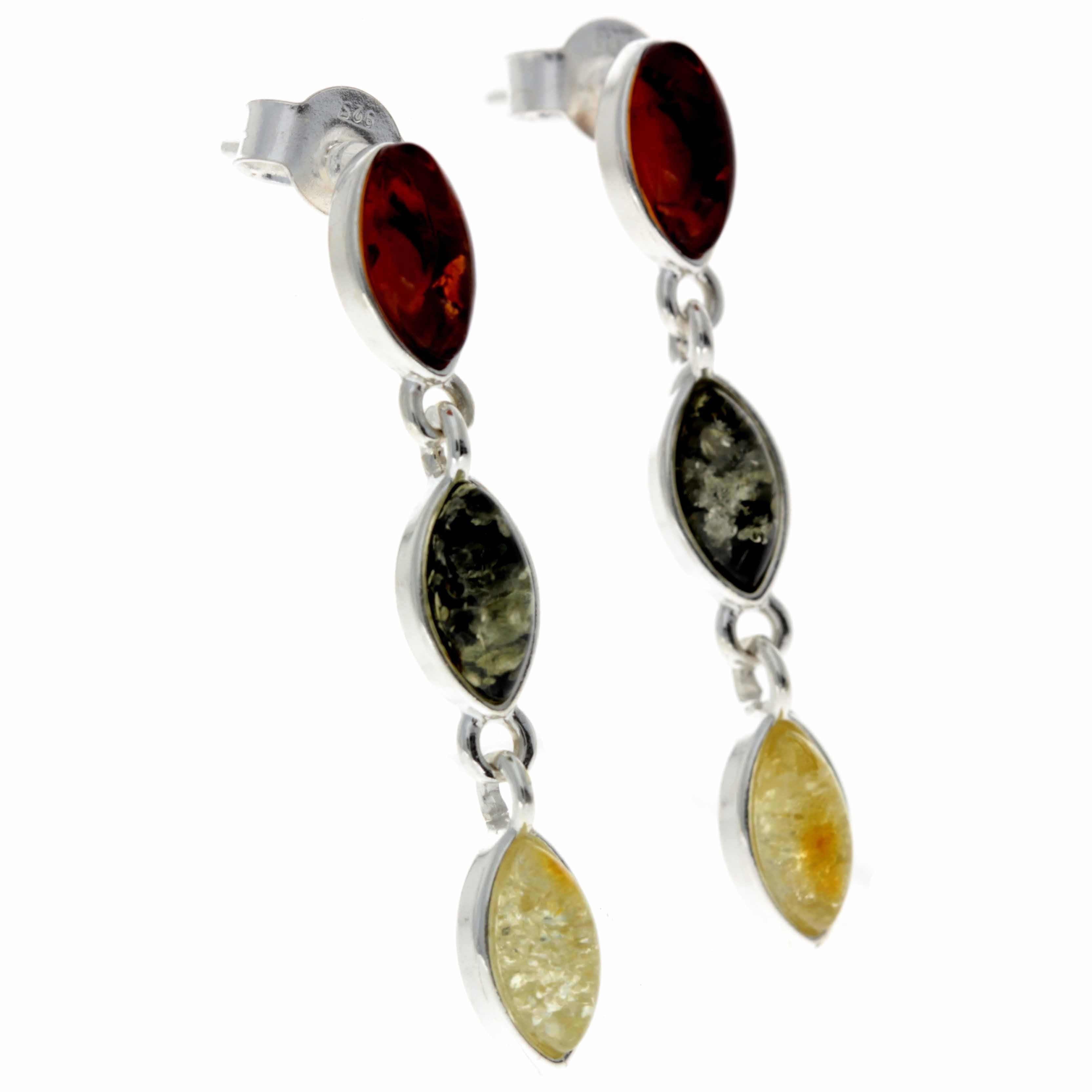 925 Sterling Silver & Baltic Amber 3 Stone Drop Earrings - 8162