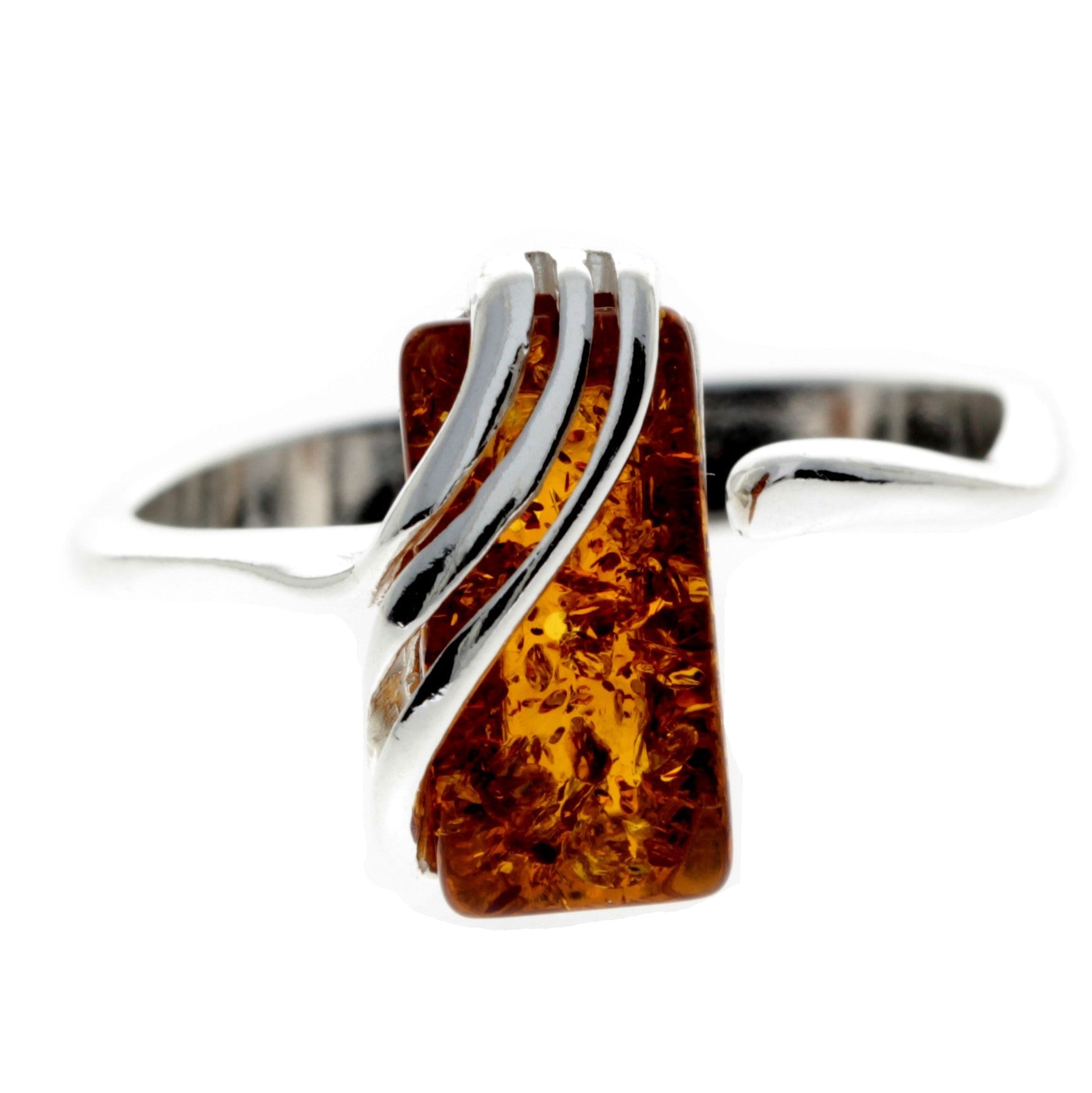 925 Sterling Silver & Genuine Baltic Amber Rectangular Modern Adjustable Ring - GL418A