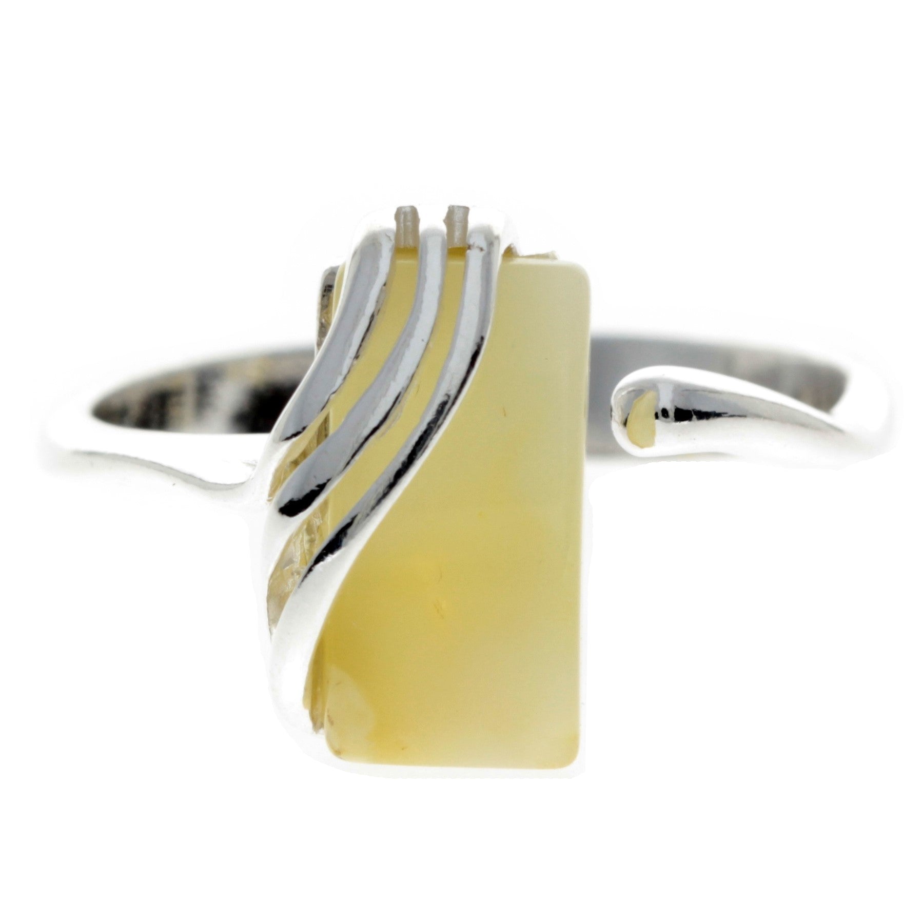 925 Sterling Silver & Genuine Baltic Amber Rectangular Modern Adjustable Ring - GL418A