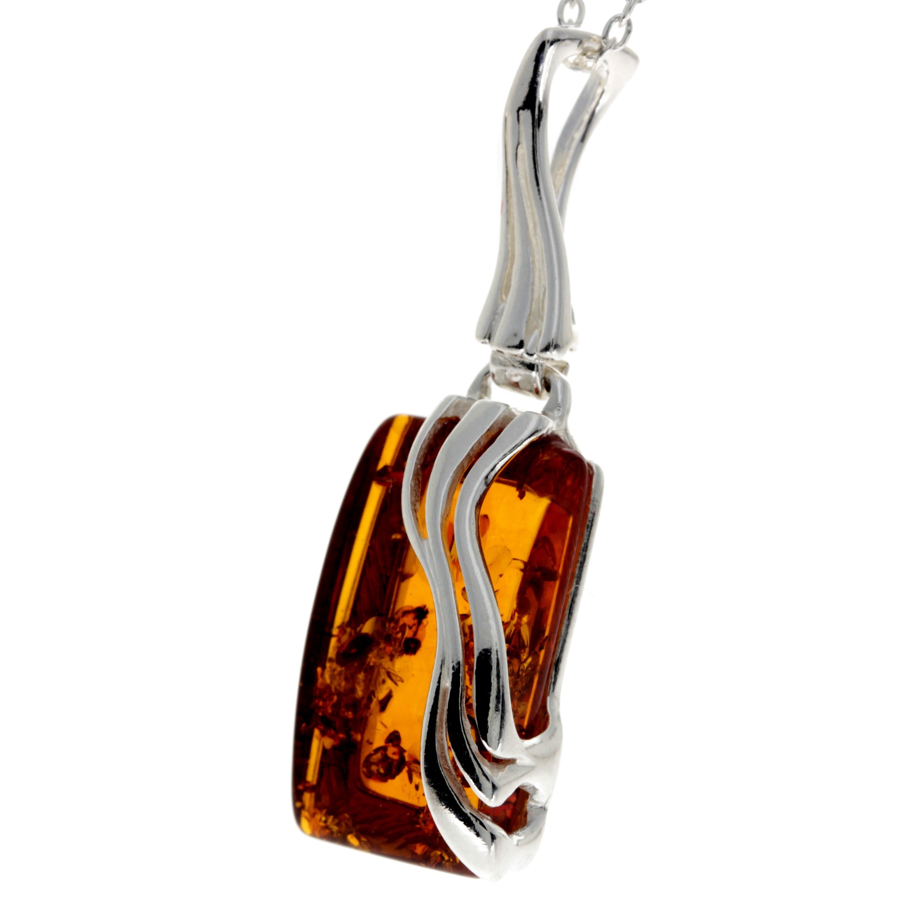 925 Sterling Silver & Genuine Baltic Amber Rectangular Modern Pendant - GL253B