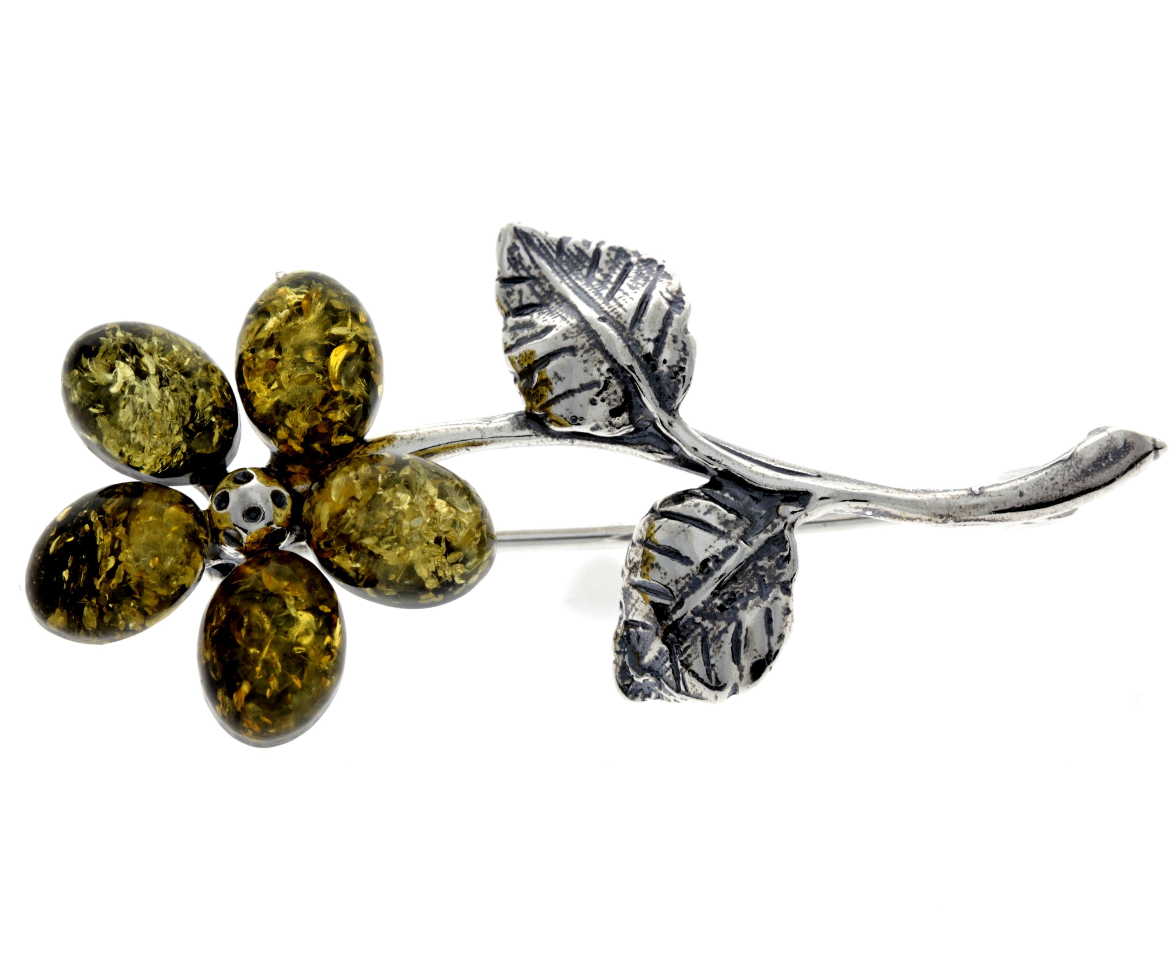 925 Sterling Silver & Baltic Amber Flower Brooch - 4015