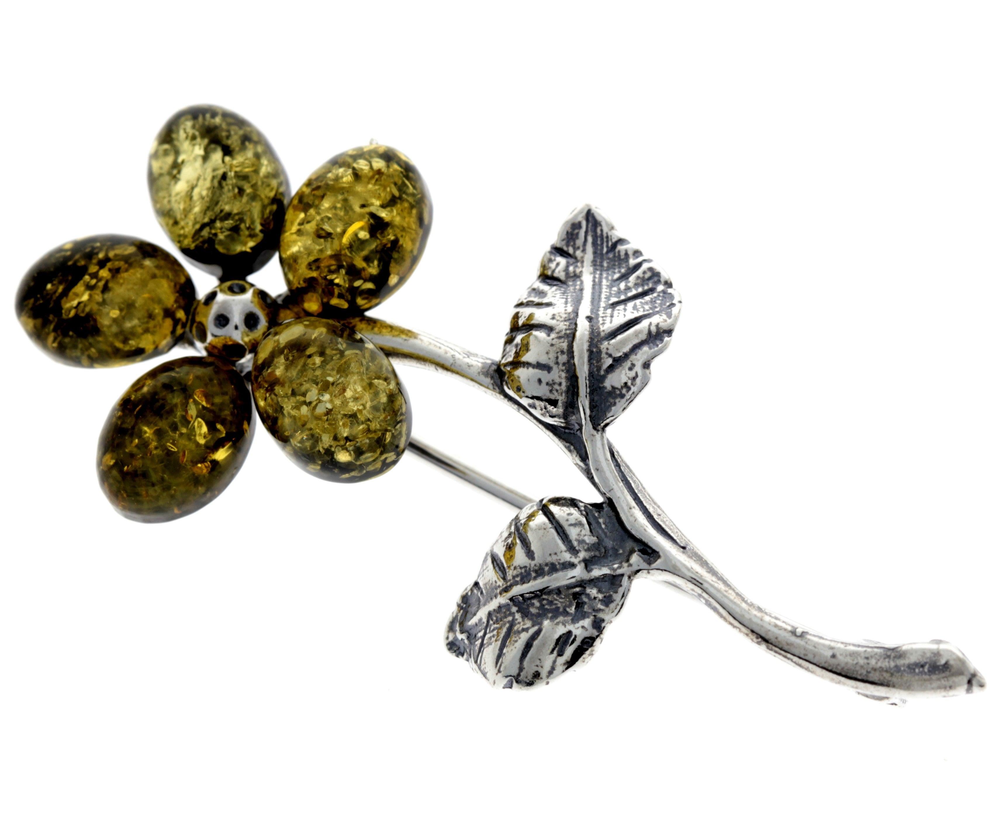 925 Sterling Silver & Baltic Amber Flower Brooch - 4015