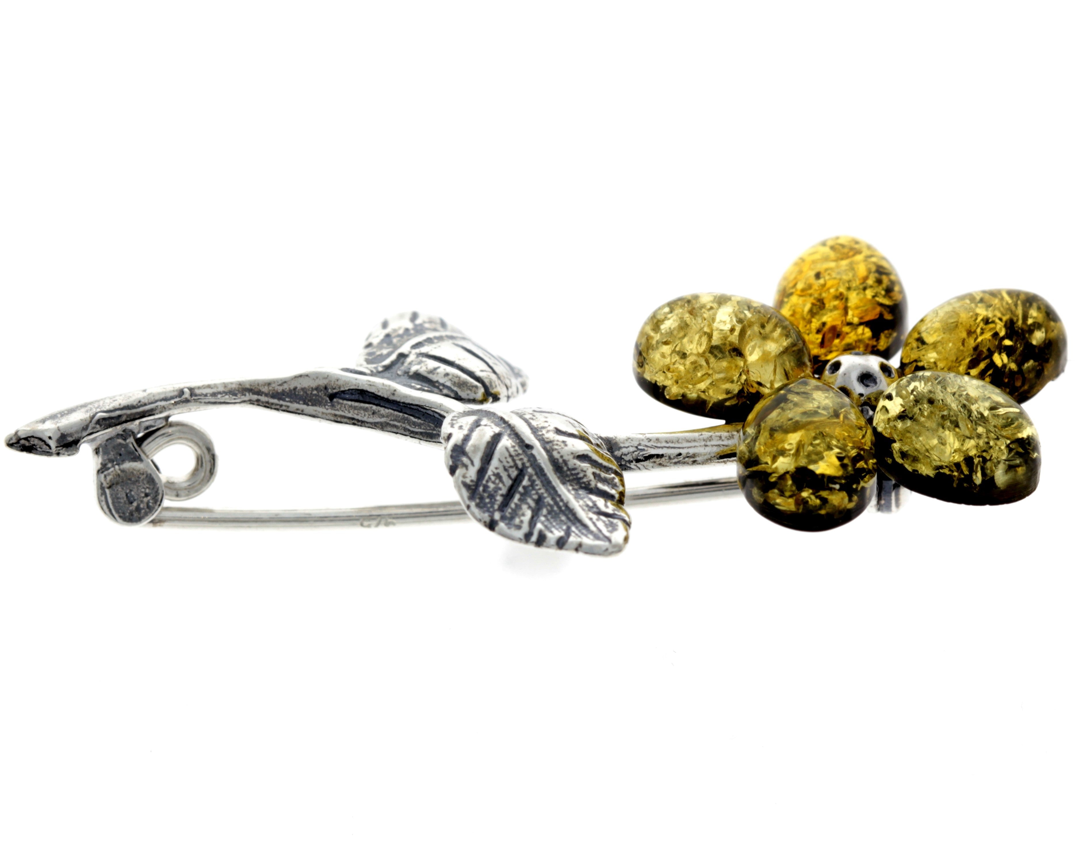 925 Sterling Silver & Baltic Amber Flower Brooch - 4015