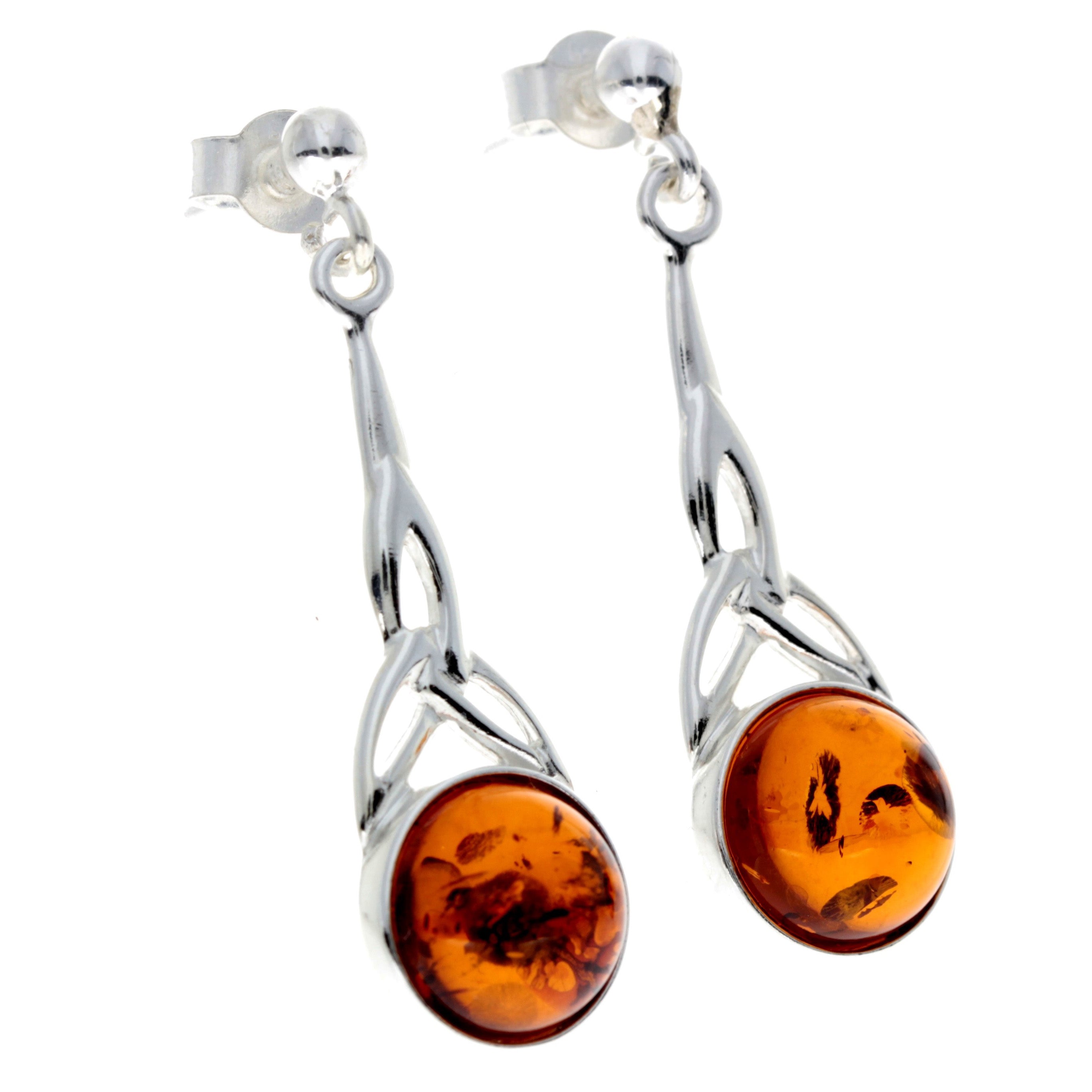 925 Sterling Silver & Genuine Baltic Amber Round Classic Drop Studs Celtic Earrings - 5447