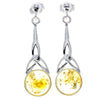 925 Sterling Silver & Genuine Baltic Amber Round Classic Drop Studs Celtic Earrings - 5447