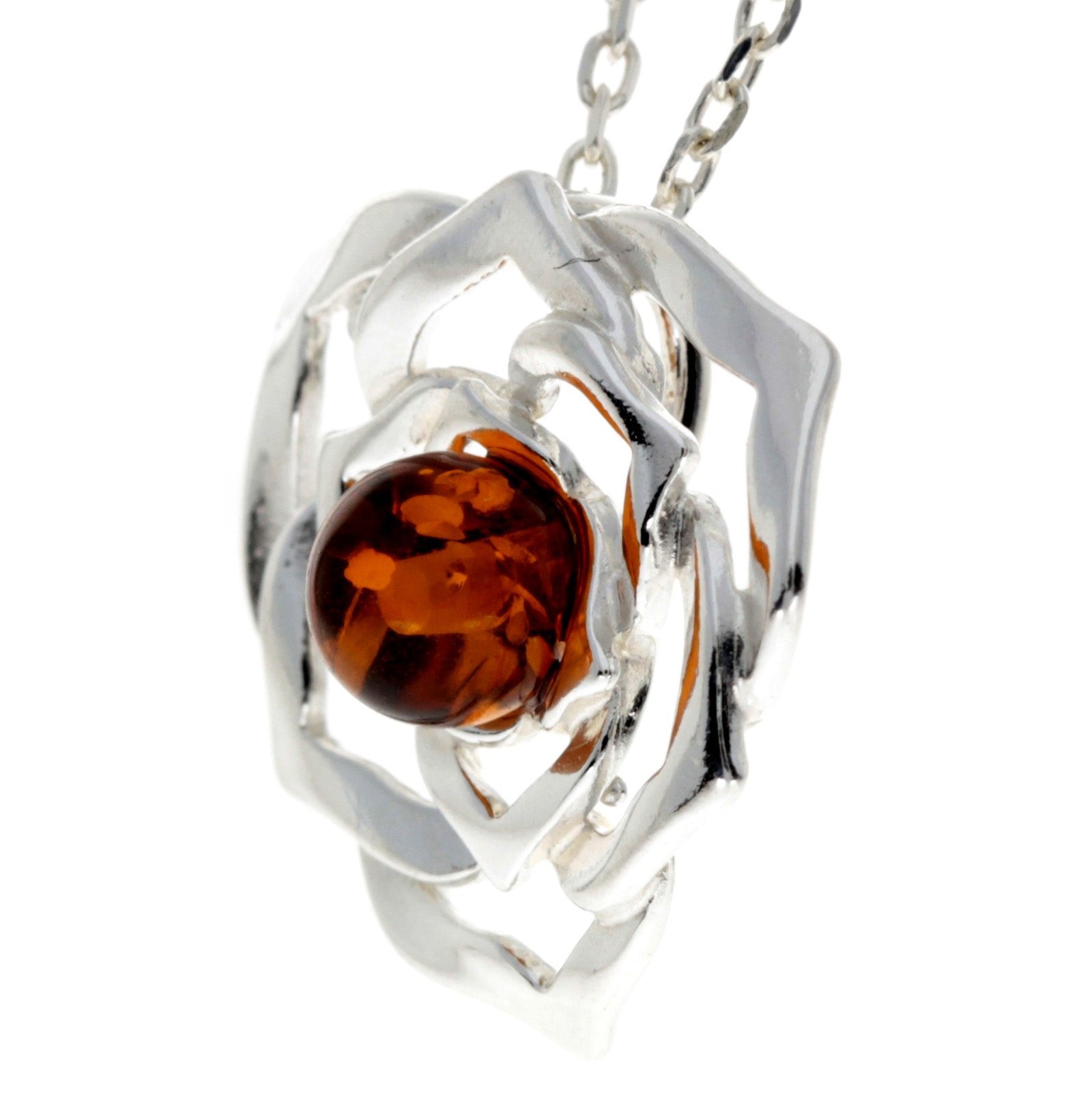 925 Sterling Silver & Baltic Amber Modern Designer Rose Pendant - 670