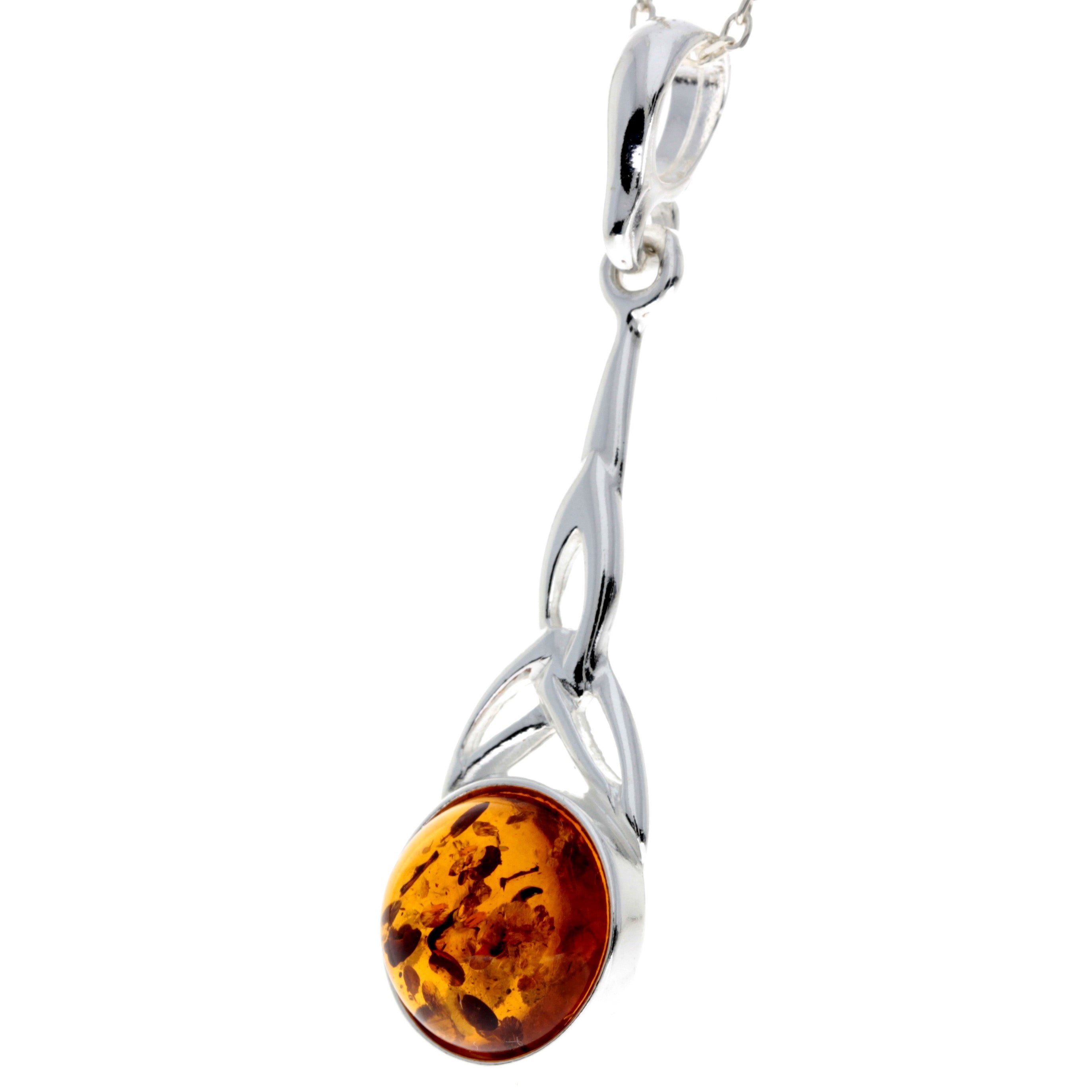 Long 925 Sterling Silver and Round Amber Celtic Pendant - 708