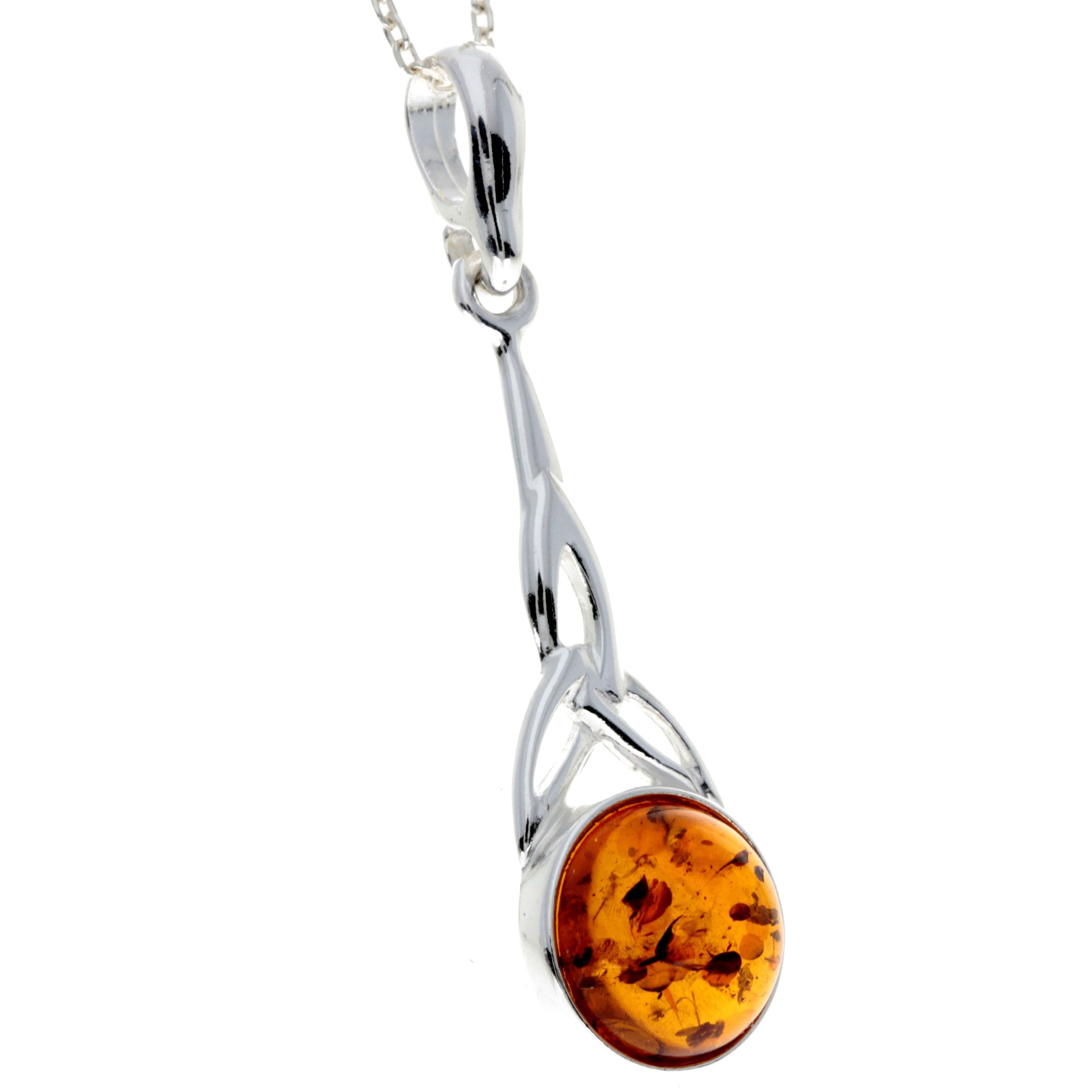 Long 925 Sterling Silver and Round Amber Celtic Pendant - 708