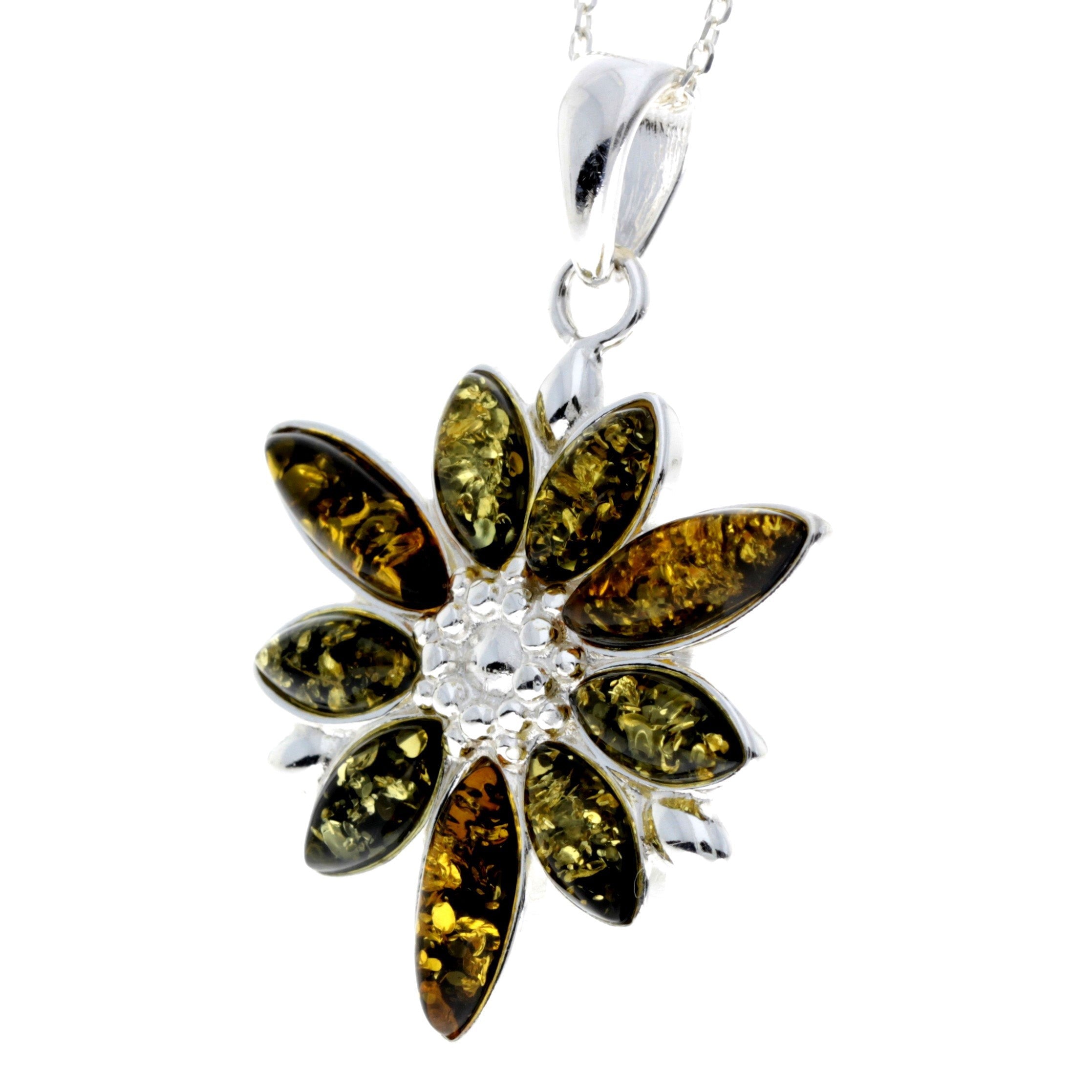 925 Sterling Silver & Baltic Amber Modern Designer Flower Pendant - 318C