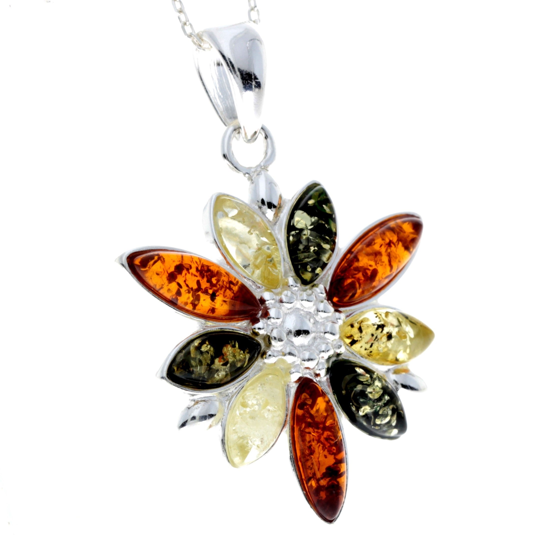 925 Sterling Silver & Baltic Amber Modern Designer Flower Pendant - 318C