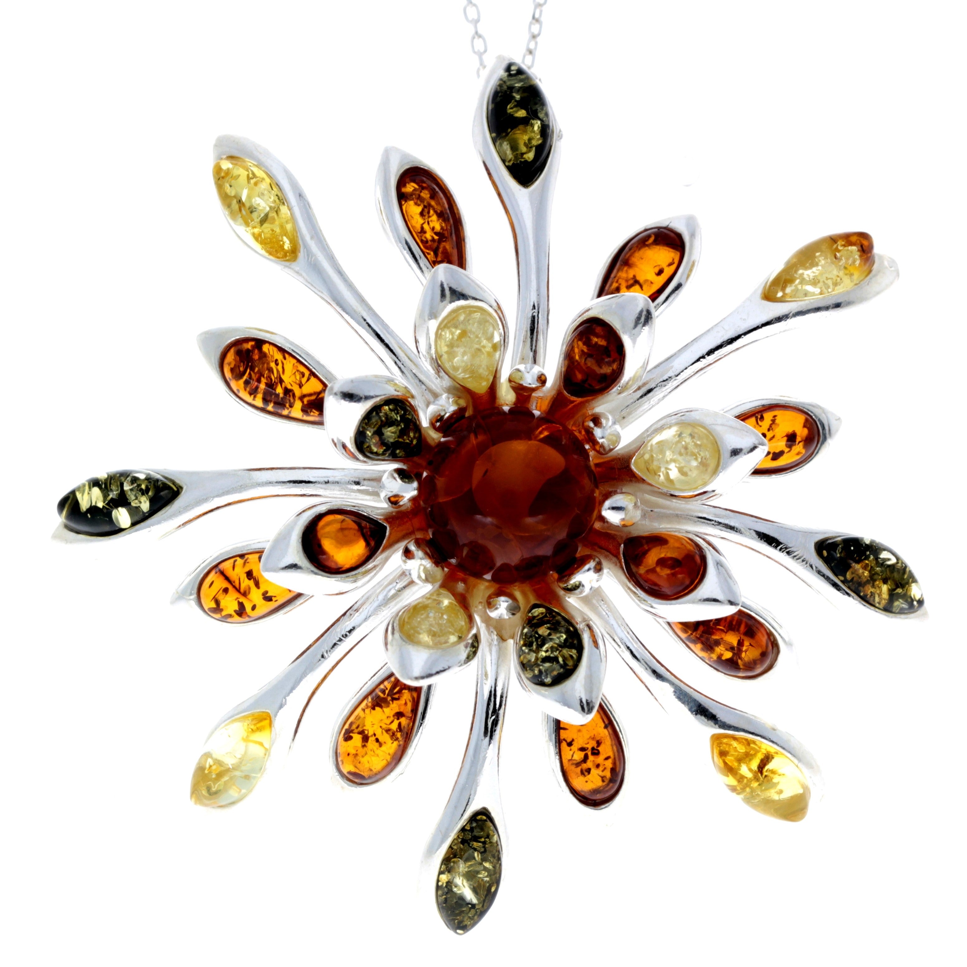 925 Sterling Silver & Baltic Amber Modern Flower Pendant - 1834