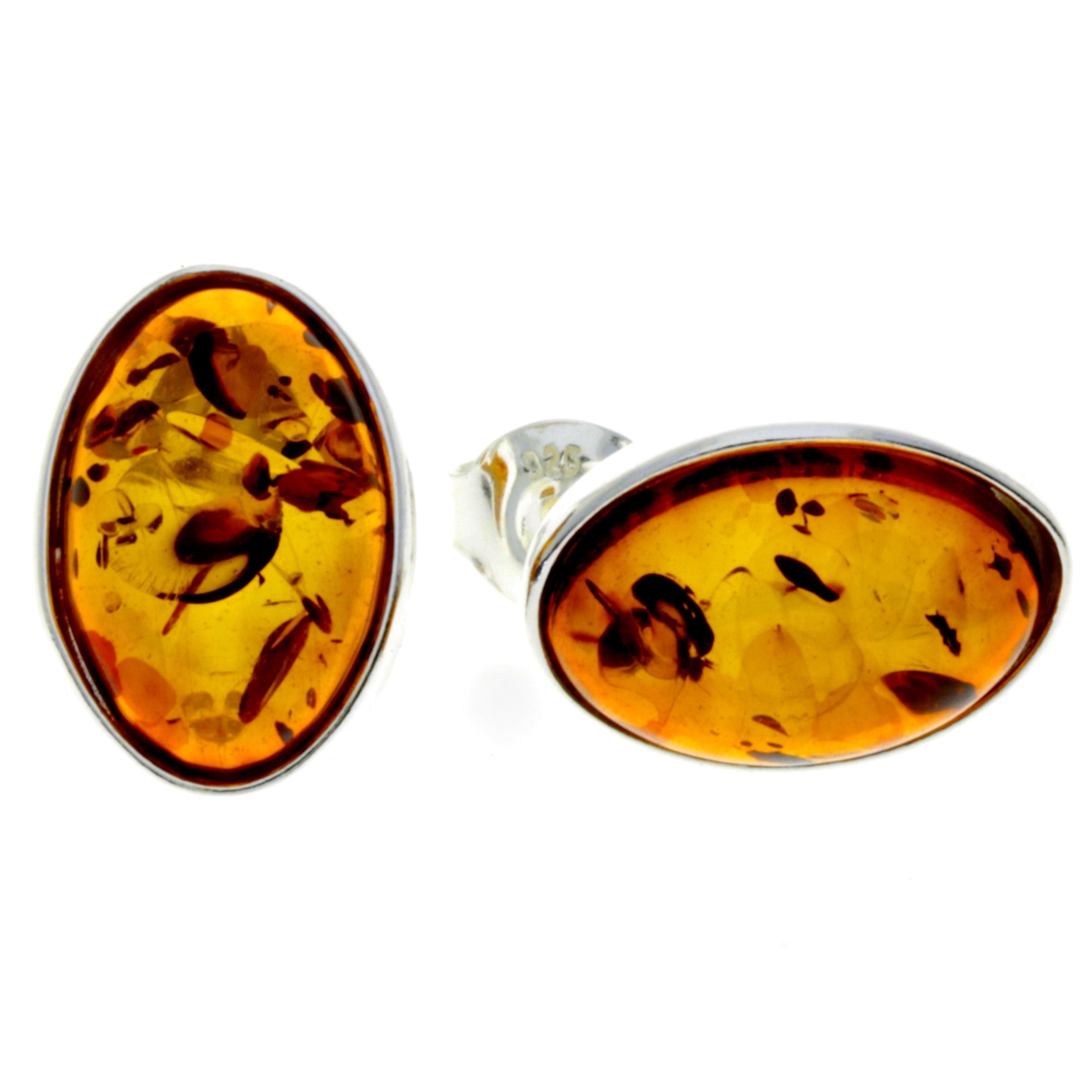 925 Sterling Silver & Oval Baltic Amber Large Classic Studs Earrings - M646