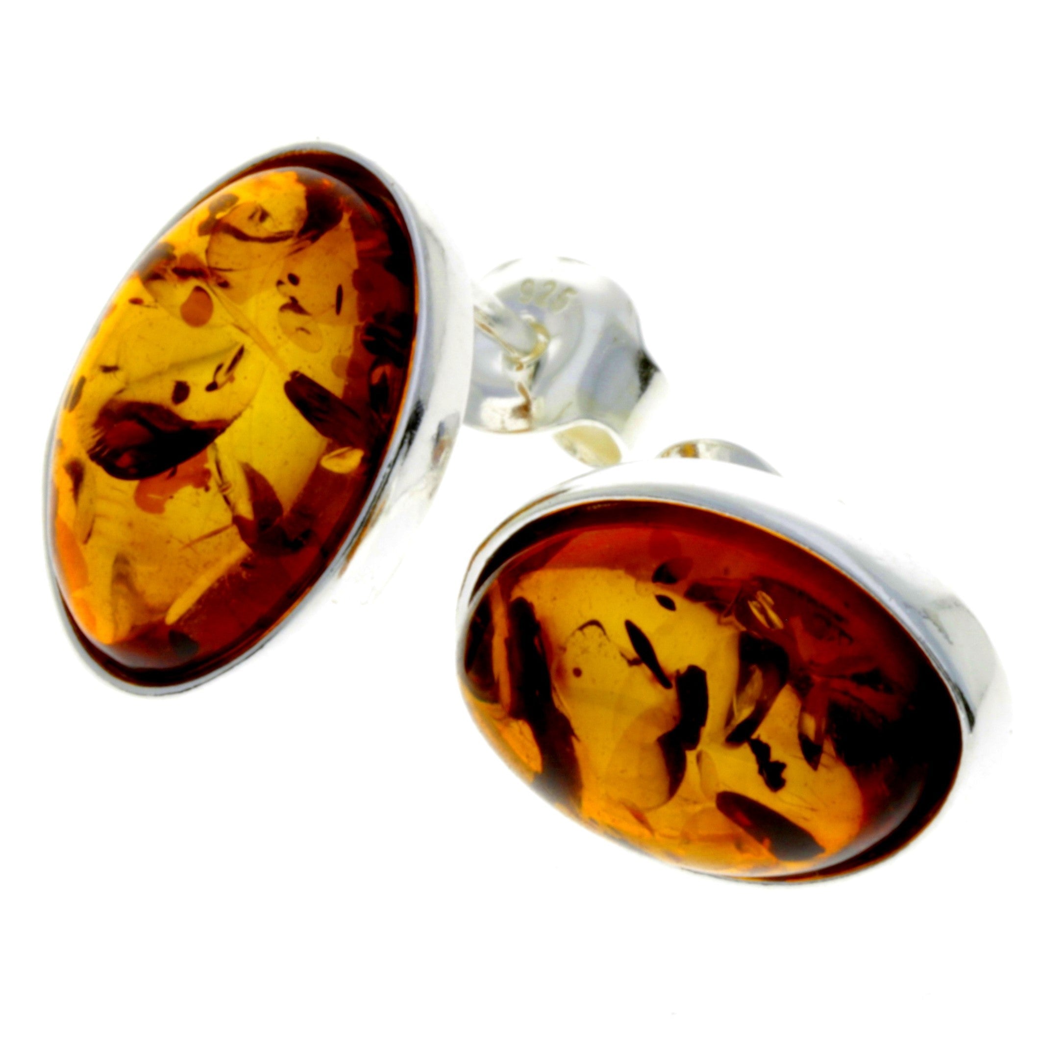 925 Sterling Silver & Oval Baltic Amber Large Classic Studs Earrings - M646