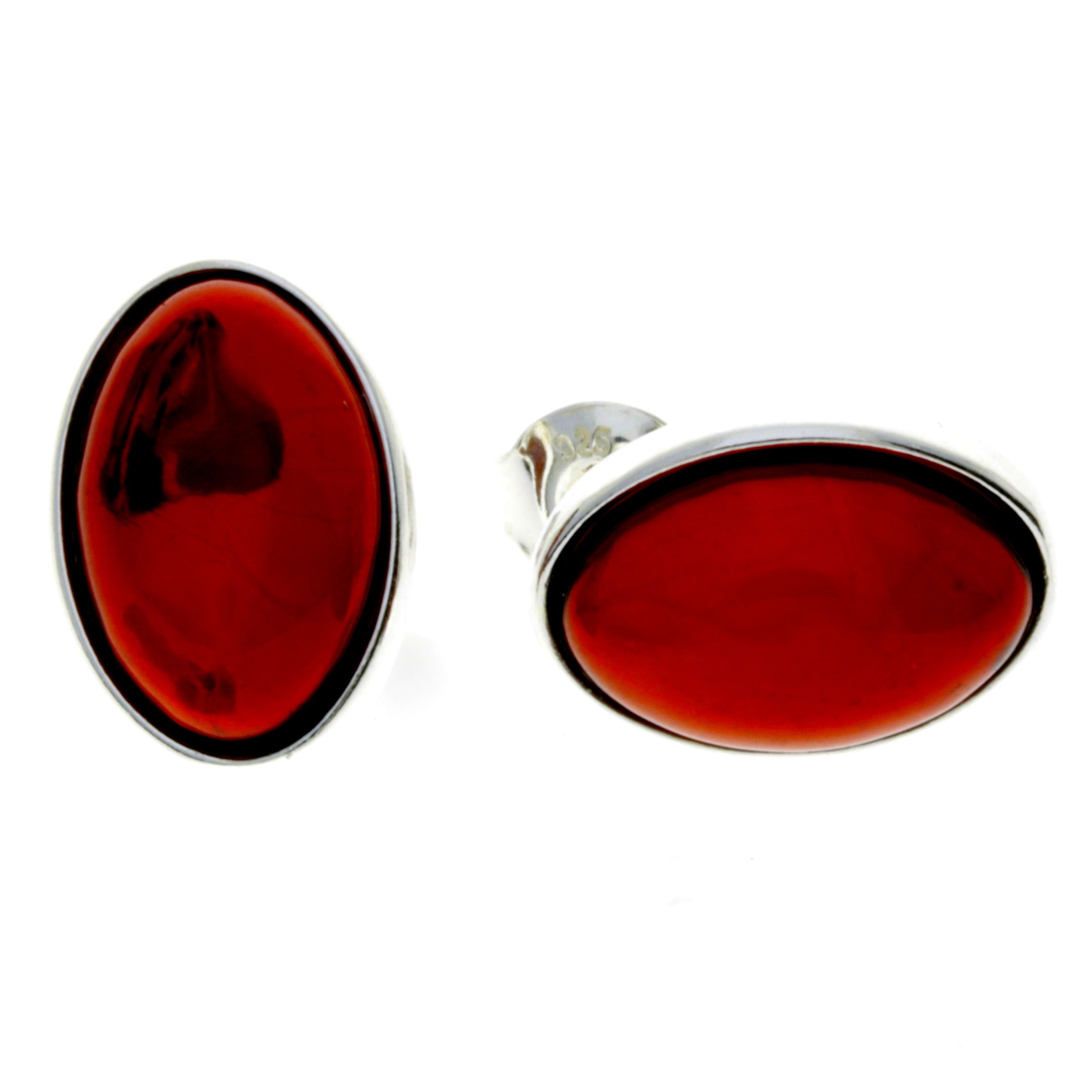 925 Sterling Silver & Oval Baltic Amber Large Classic Studs Earrings - M646