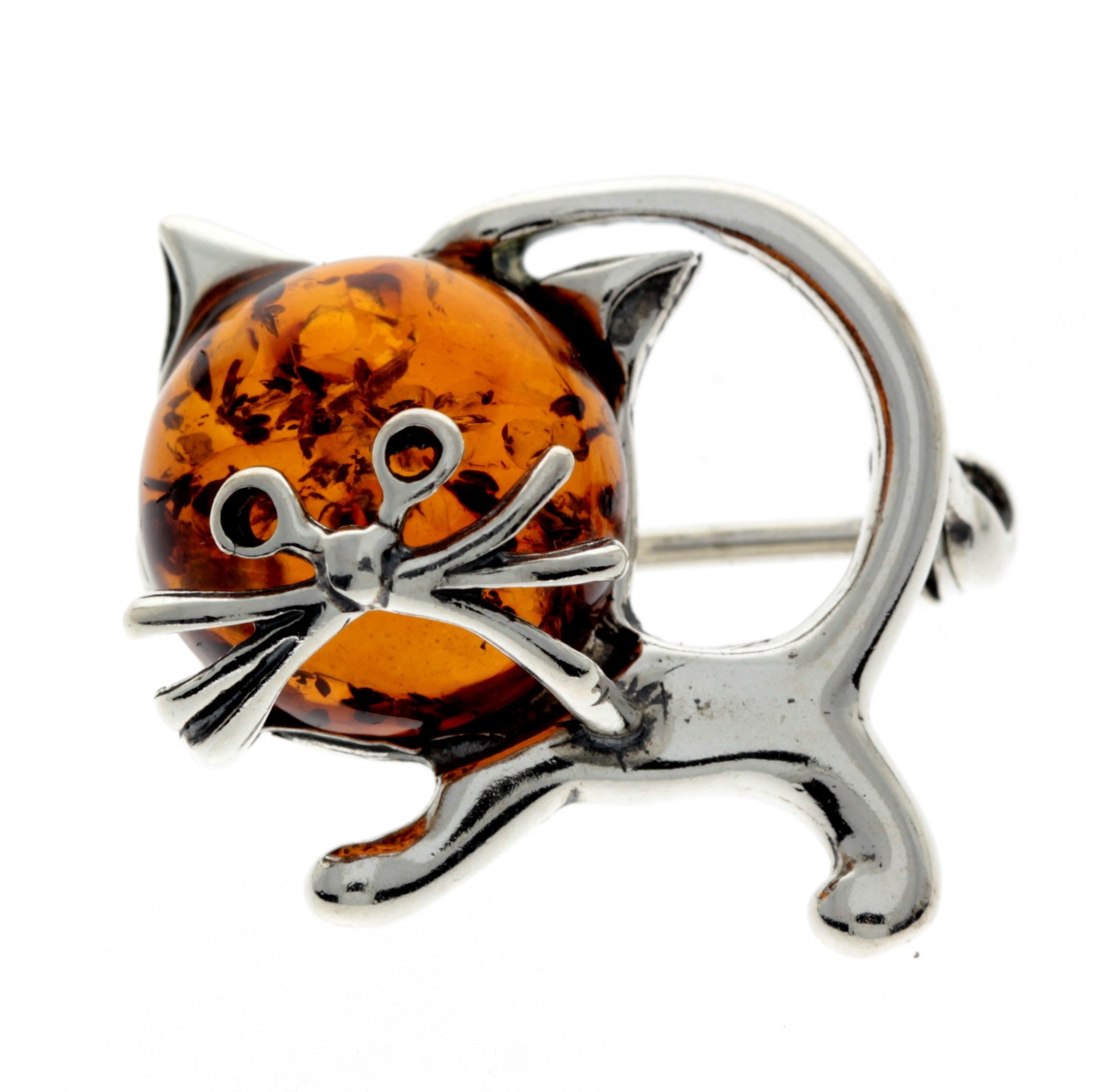 925 Sterling Silver & Baltic Amber Cat Brooch - 4174