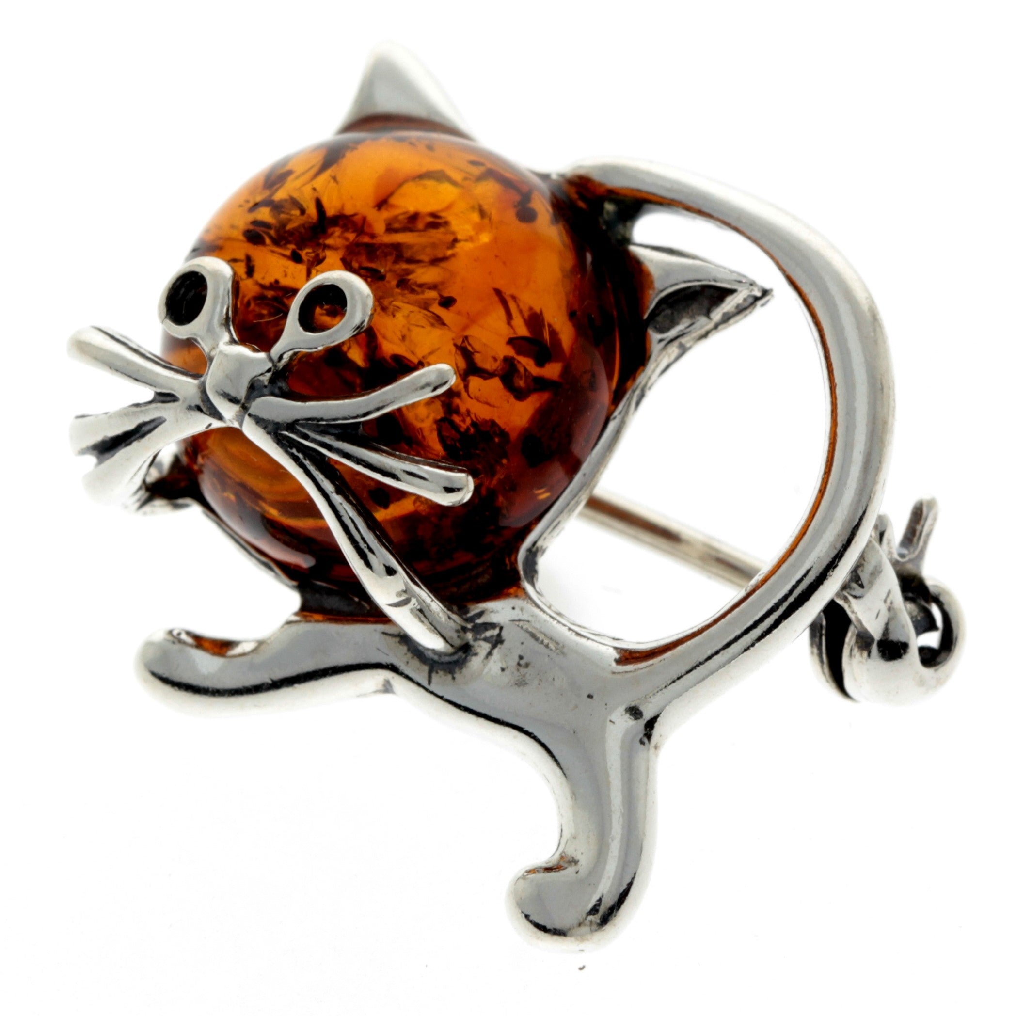 925 Sterling Silver & Baltic Amber Cat Brooch - 4174