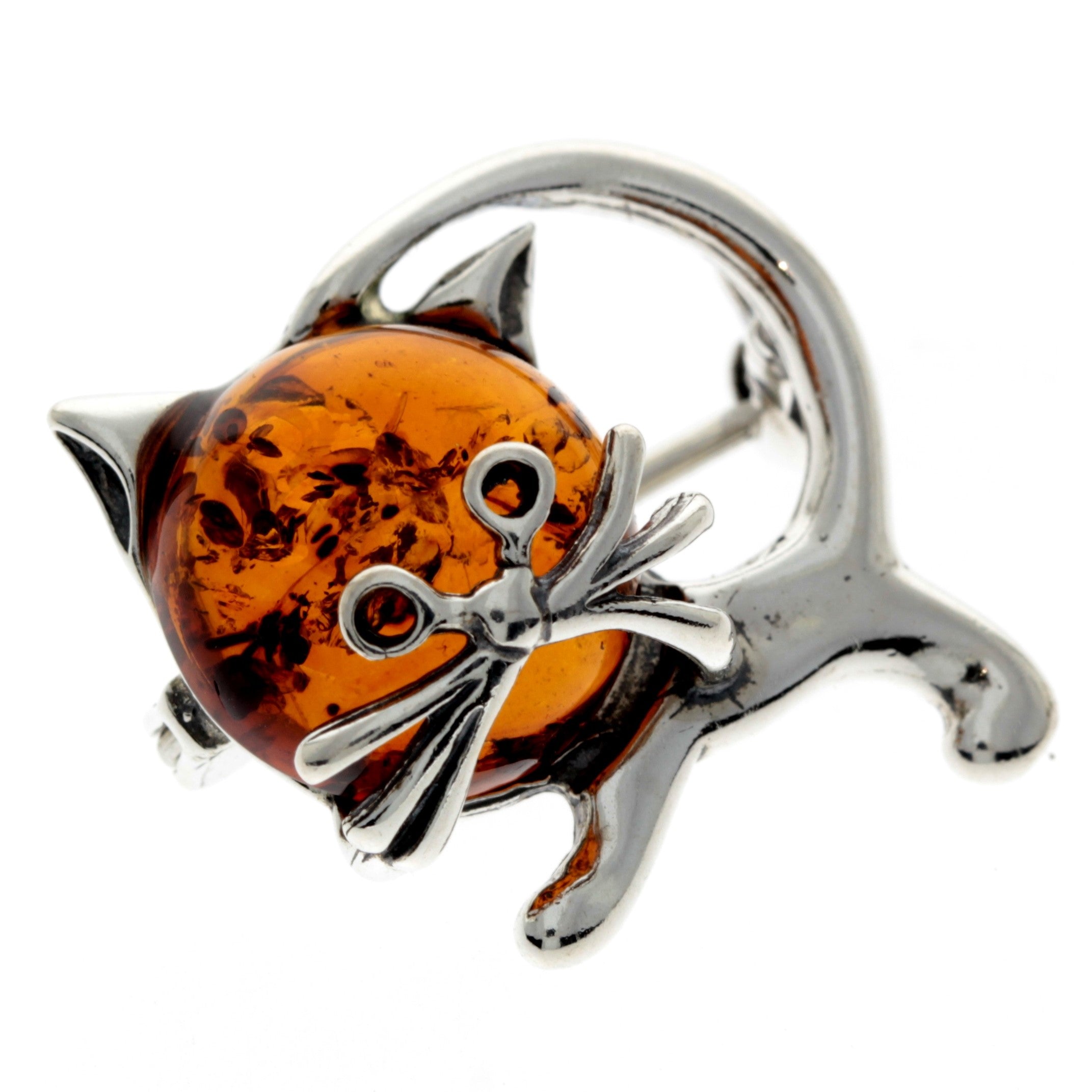 925 Sterling Silver & Baltic Amber Cat Brooch - 4174