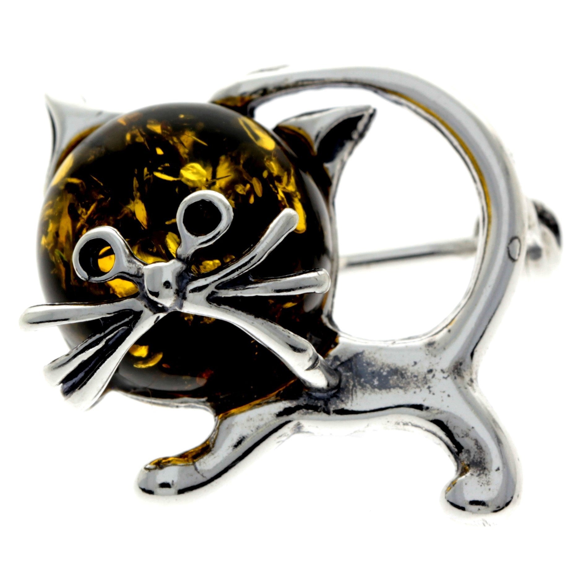 925 Sterling Silver & Baltic Amber Cat Brooch - 4174