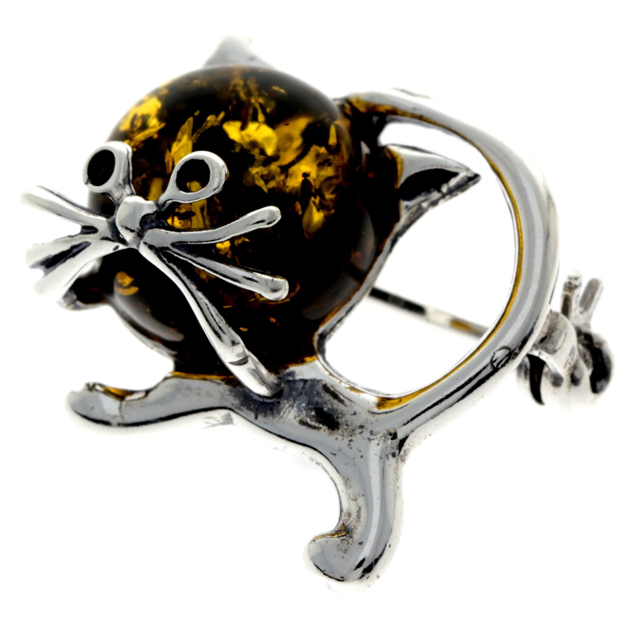 925 Sterling Silver & Baltic Amber Cat Brooch - 4174