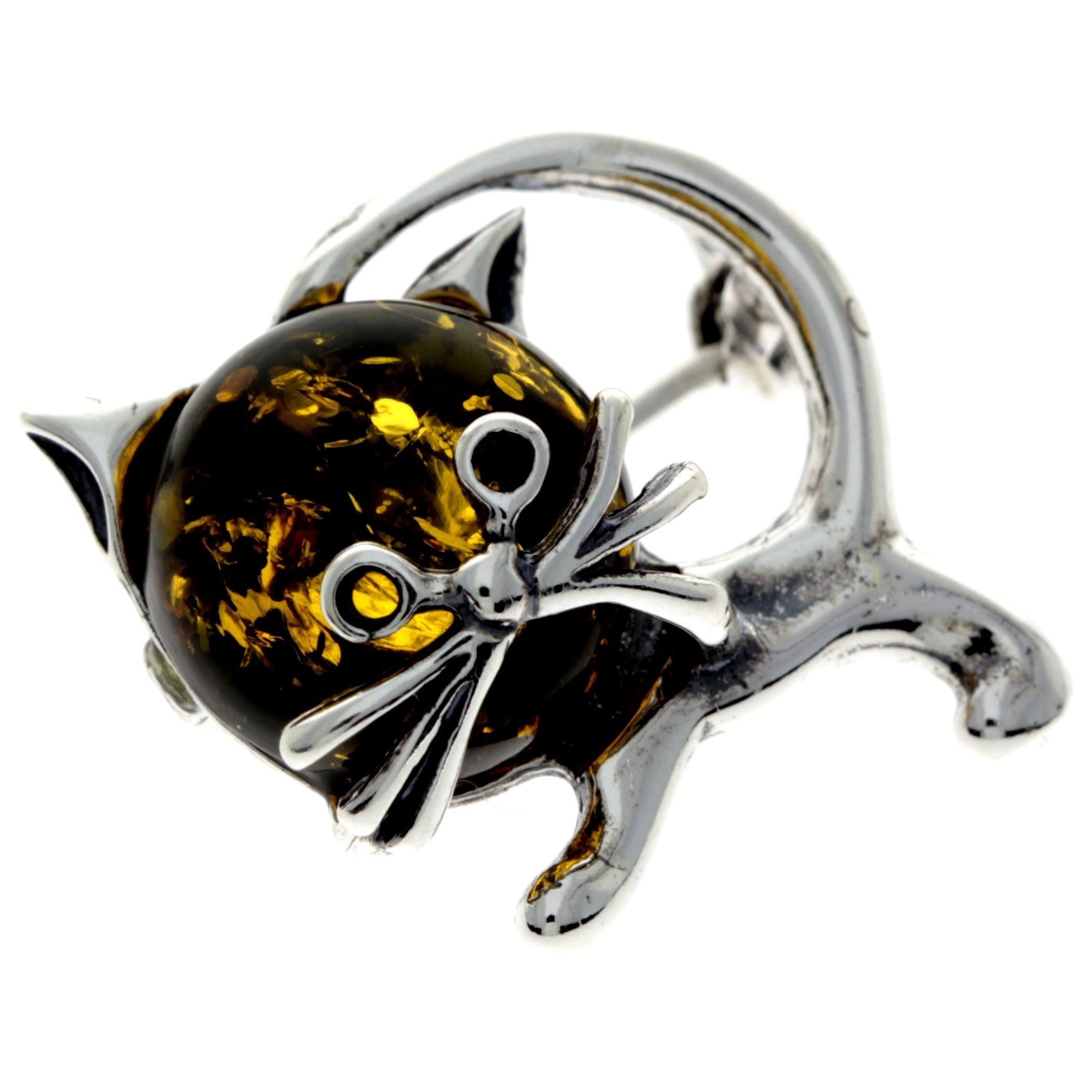 925 Sterling Silver & Baltic Amber Cat Brooch - 4174